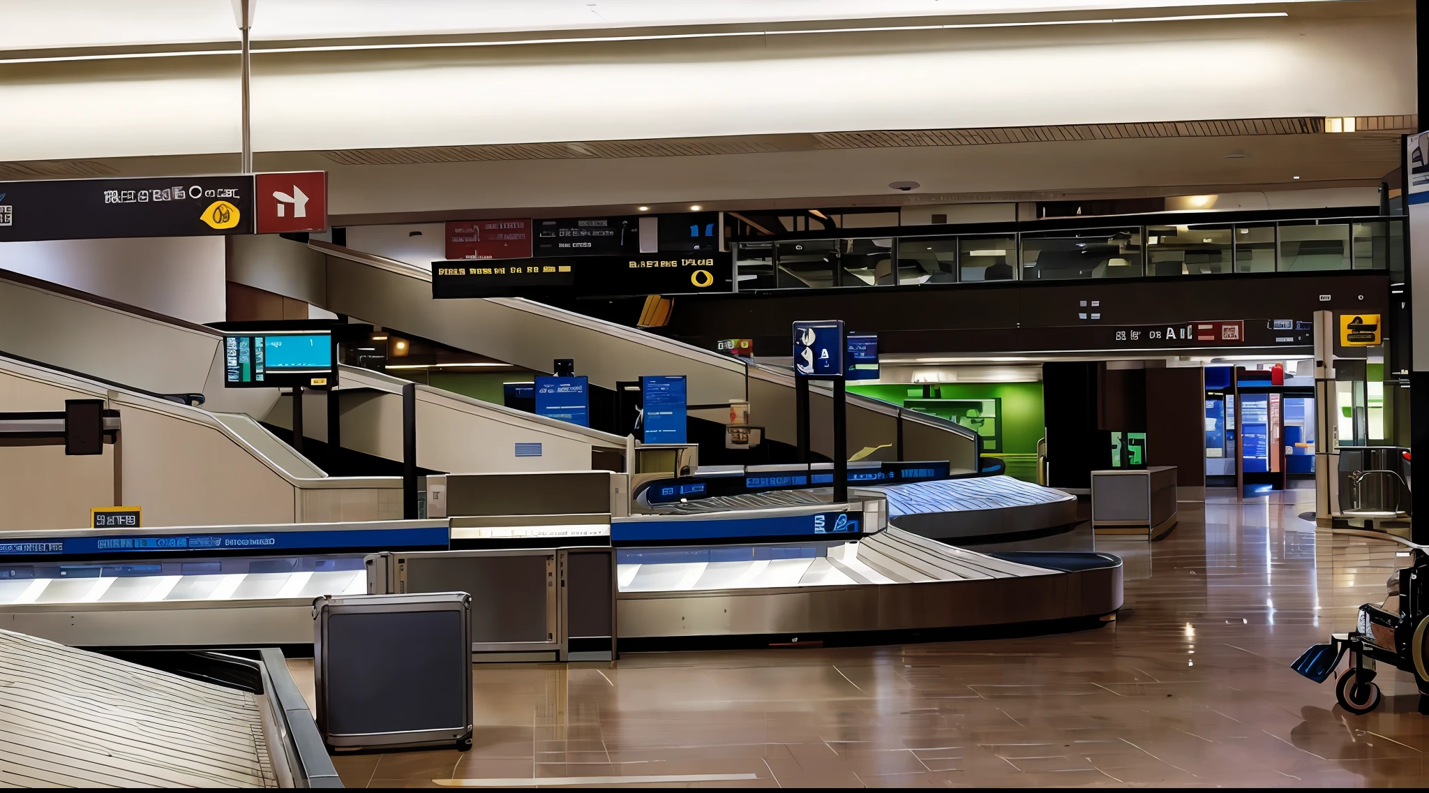 arafficial image of a baggage claim area with people walking around, airport, terminal, reddit post, black. airports, stunning image, monitor, flat, sitting down, luggage, interior, people watching around, crowded airport, version 3, escalators, wide view, rotating, full figure, looking this way, full-figure, wide long view, ground level view