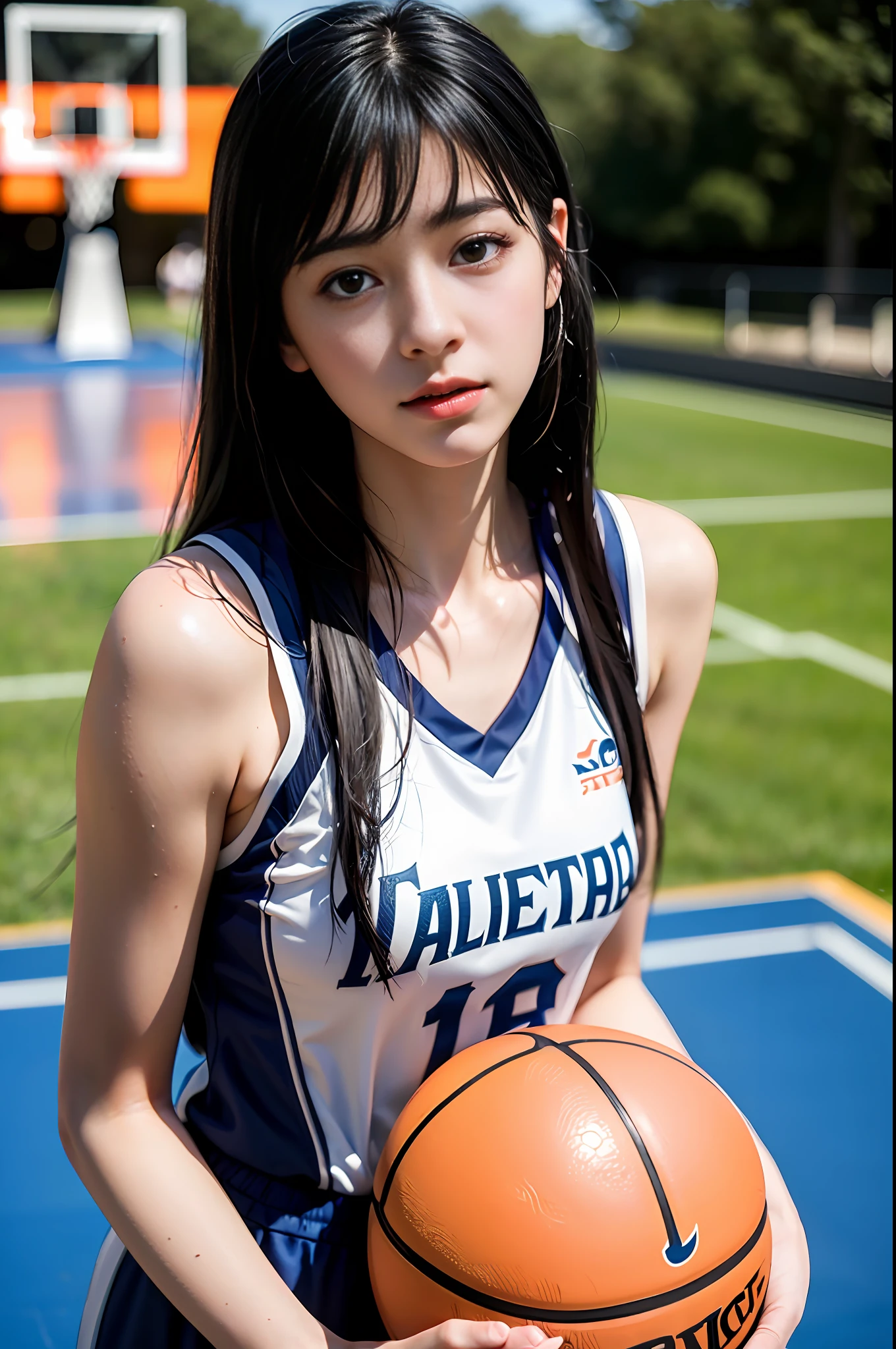 (8k, Best Quality, Masterpiece: 1.2), (Realistic, Photorealistic: 1.37), Super Detailed, Best Quality, Super High Resolution, Professional Lighting, Photon Mapping, Radiosity, Physically Based Rendering, Cinematic Lighting , basketball court, depth of field, focus, sun rays, good composition, (bokeh: 1.2), 1 girl, (whole body), (closed mouth), beautiful eyes, pose, constriction, basketball uniform, black hair , messy hair, long hair blowing in the wind,(ulzzang-6500:1.2) mix4, hiqcgbody