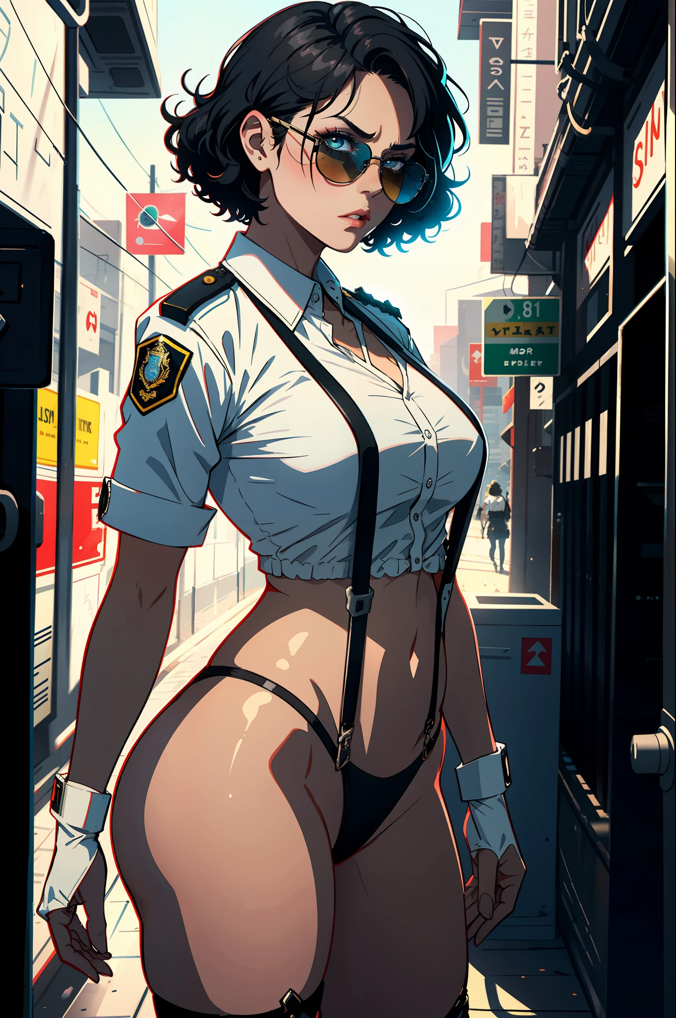 1girls, Policewoman, Delicate and beautiful face, Blush face, Short curly hair, hair spread out, Hair strips dyeing,sun glasses, angry, parted lips, Busty boobs, Convex buttocks, White striped shirt, With police insignia,Black suspenders, Black high heels, mitts, Handcuffs, perfectly proportioned, Detailed clothing details, squad car, Police light effect, Lively streets, Sci-fi sense, Cinematic lighting, filmgrain, Fujicolor, contrast between light and dark, 8K, Masterpiece, Textured skin, Super detail, highdetailed, High quality, high resolutions,