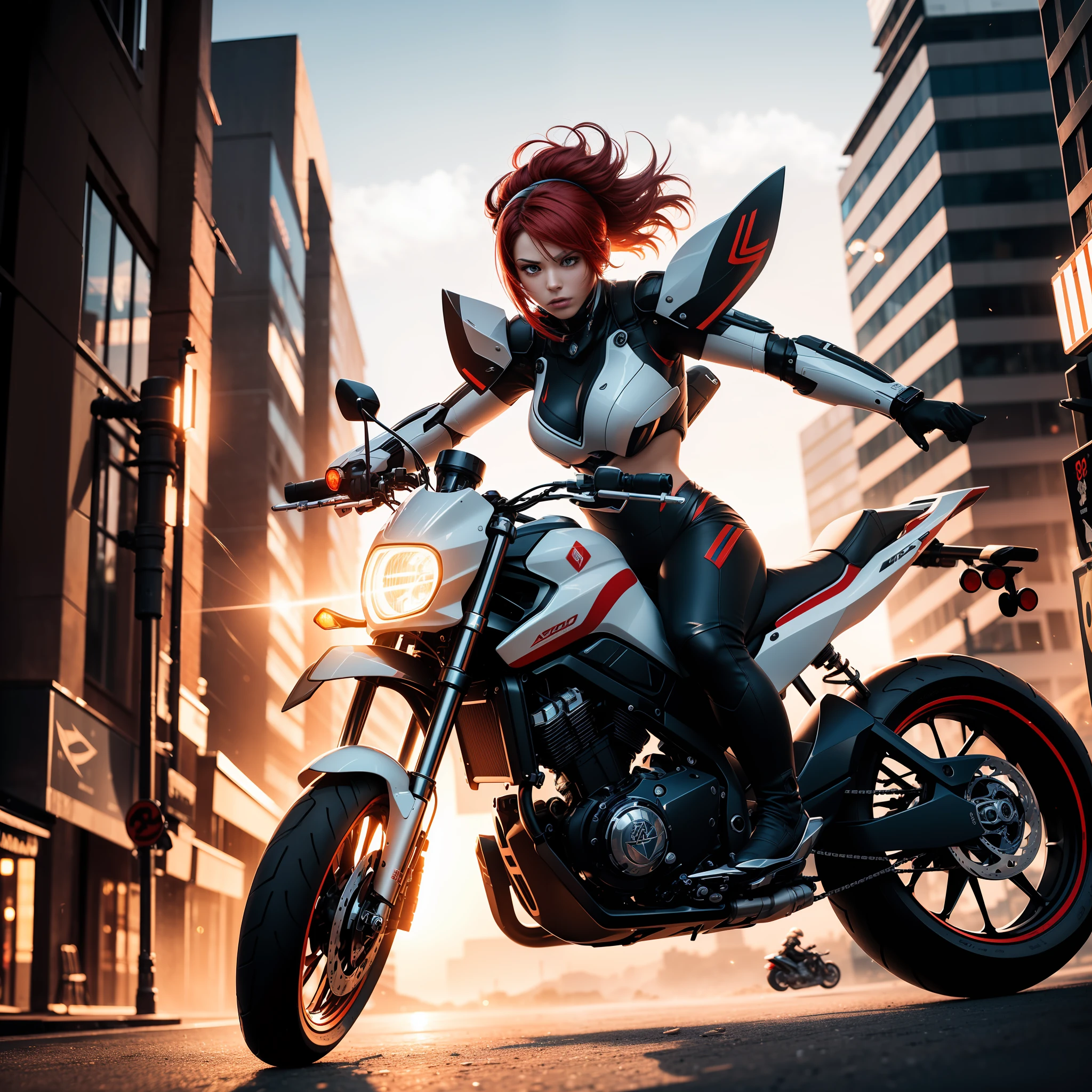 mecha woman warrior (Masterpiece 1.5, intense details), wearing mecha armorת riding motorcycle, intense details (Masterpiece 1.5, intense details), visible head, blond hair, at city (Masterpiece 1.5, intense details), in a future urban setting (Masterpiece 1.5, intense details), red hair, mohawk, beret, angry, Futurism (Masterpiece 1.5, intense details), modern, Op art, Realism (Masterpiece 1.5, intense details), Action painting, motion blur, sparkle, glowing light, ray tracing, silhouette, wide shot, panorama, Ultra-Wide Angle, award winning, best quality, HD, 4K, high details