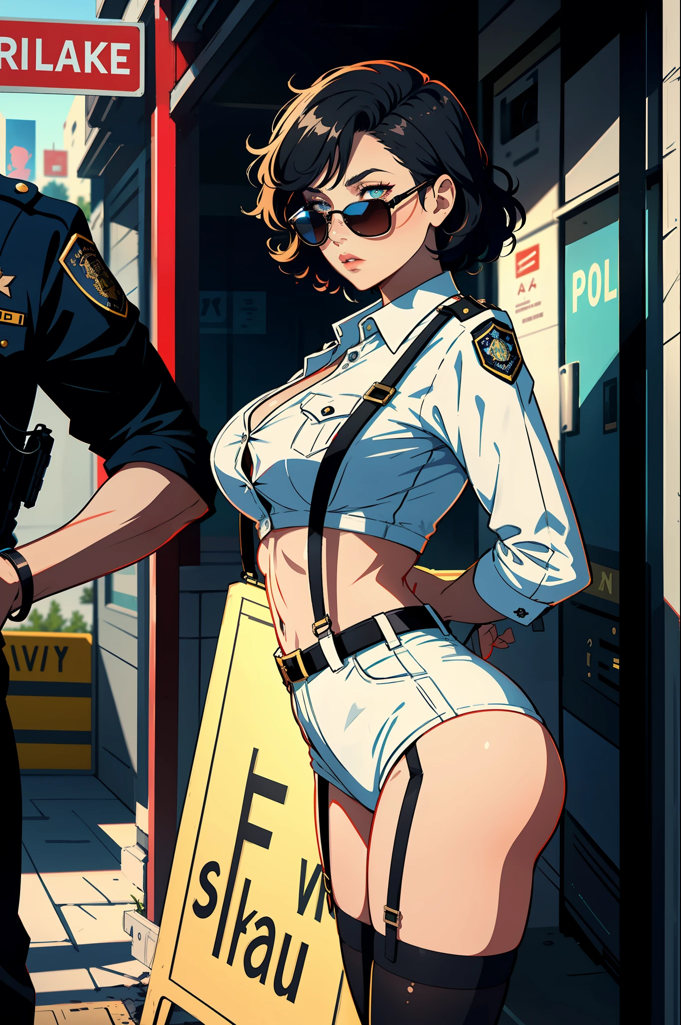 1girls, Policewoman, Delicate and beautiful face, Blush face, Short curly hair, hair spread out, Hair strips dyeing，sun glasses, angry, parted lips, Busty boobs, Convex buttocks, White striped shirt, With police insignia,Black suspenders, Black high heels, mitts, Handcuffs, perfectly proportioned, Detailed clothing details, squad car, Police light effect, Lively streets, Sci-fi sense, Cinematic lighting, filmgrain, Fujicolor, contrast between light and dark, 8K, Masterpiece, Textured skin, Super detail, highdetailed, High quality, high resolutions,