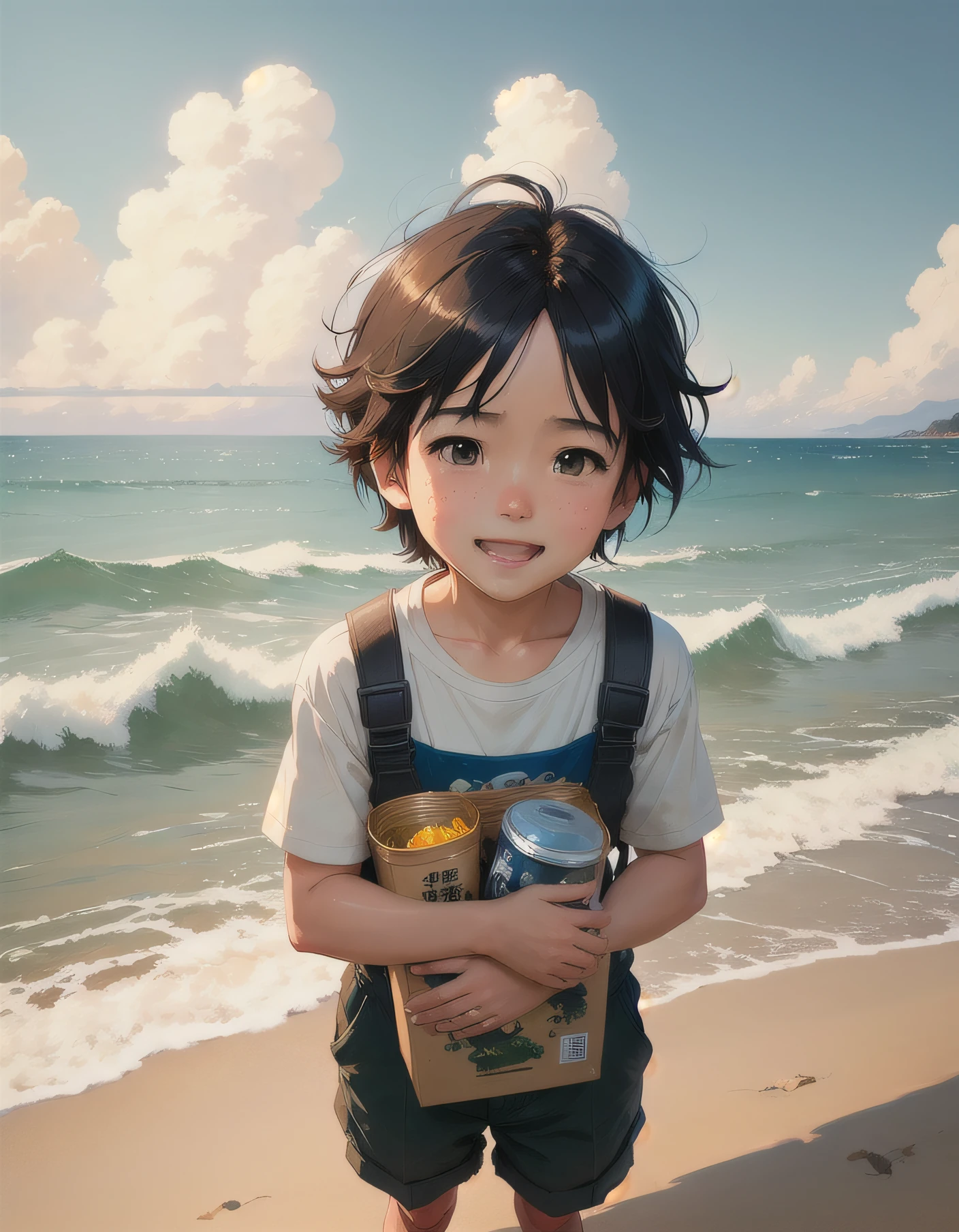 A happy playing with toys on the beach, simple art inspired by studio ghibli's visual style, Baroque oil painting anime key visual full body portrait character concept art, brutalist grimdark fantasy, kuudere noble dictator, trending pixiv fanbox, rule of thirds golden ratio, by greg rutkowski wlop makoto shinkai takashi takeuchi studio ghibli jamie wyeth
