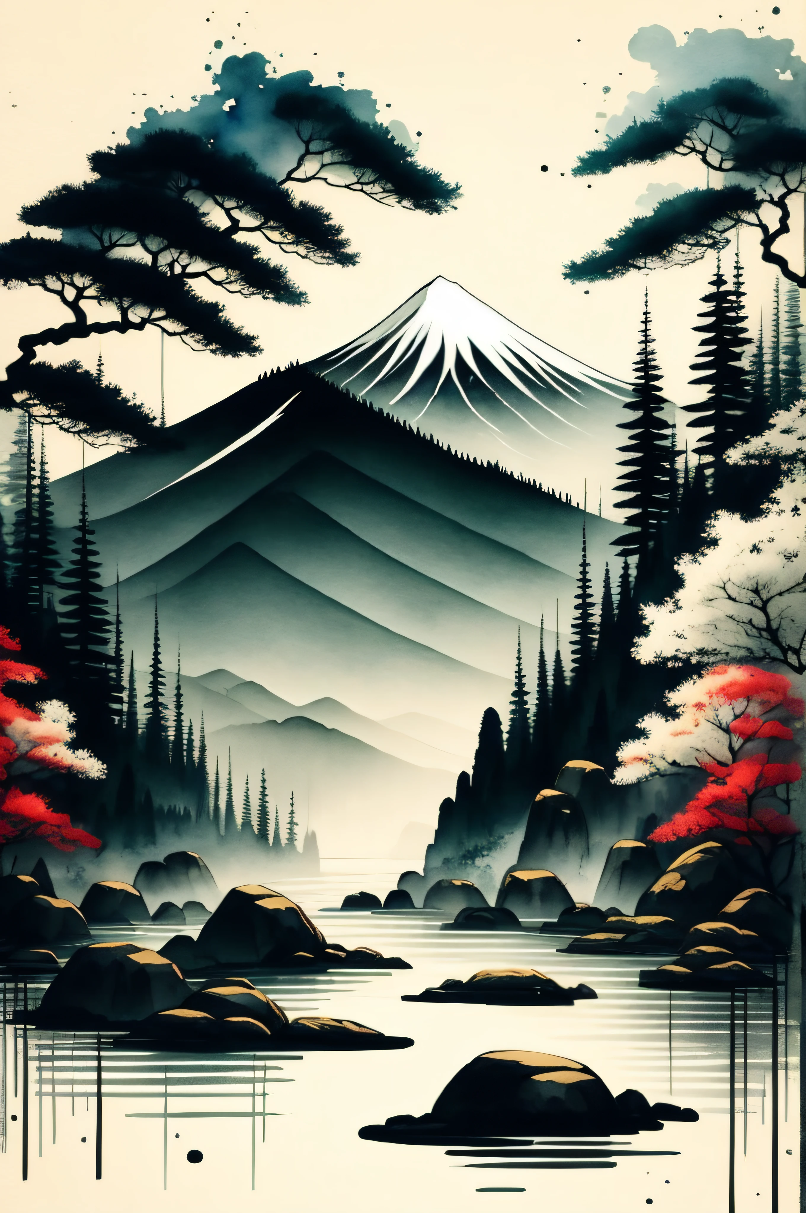 Black background, scenery, water color, mountains, water, trees, Red Moon, colourful,