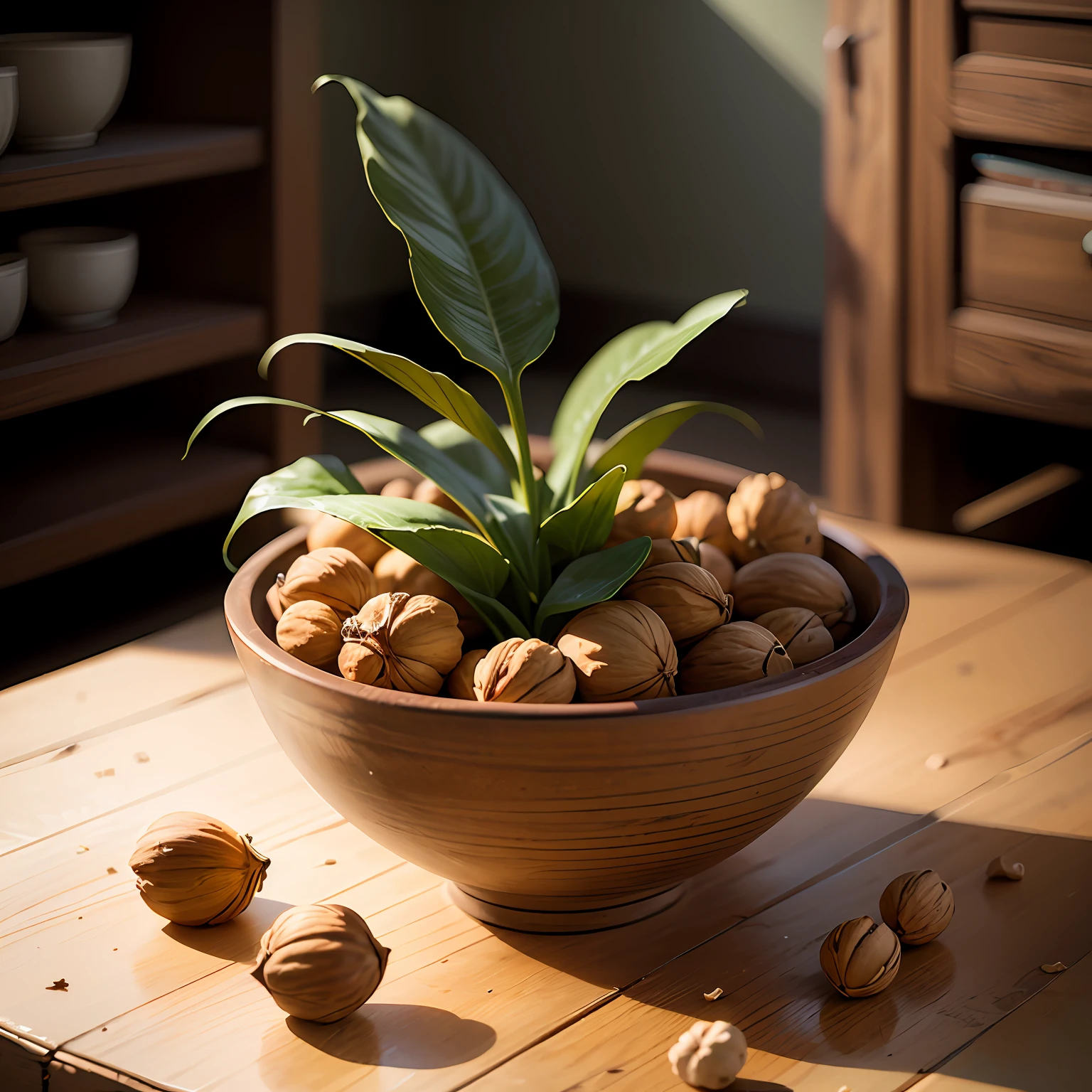 There is a bowl of walnuts on the table,The background is plants, walnuts, abundant detail, walnut wood, Still life photography, natural realistic render, high quality food photography, commercial product photography, nut, natural morning light --auto