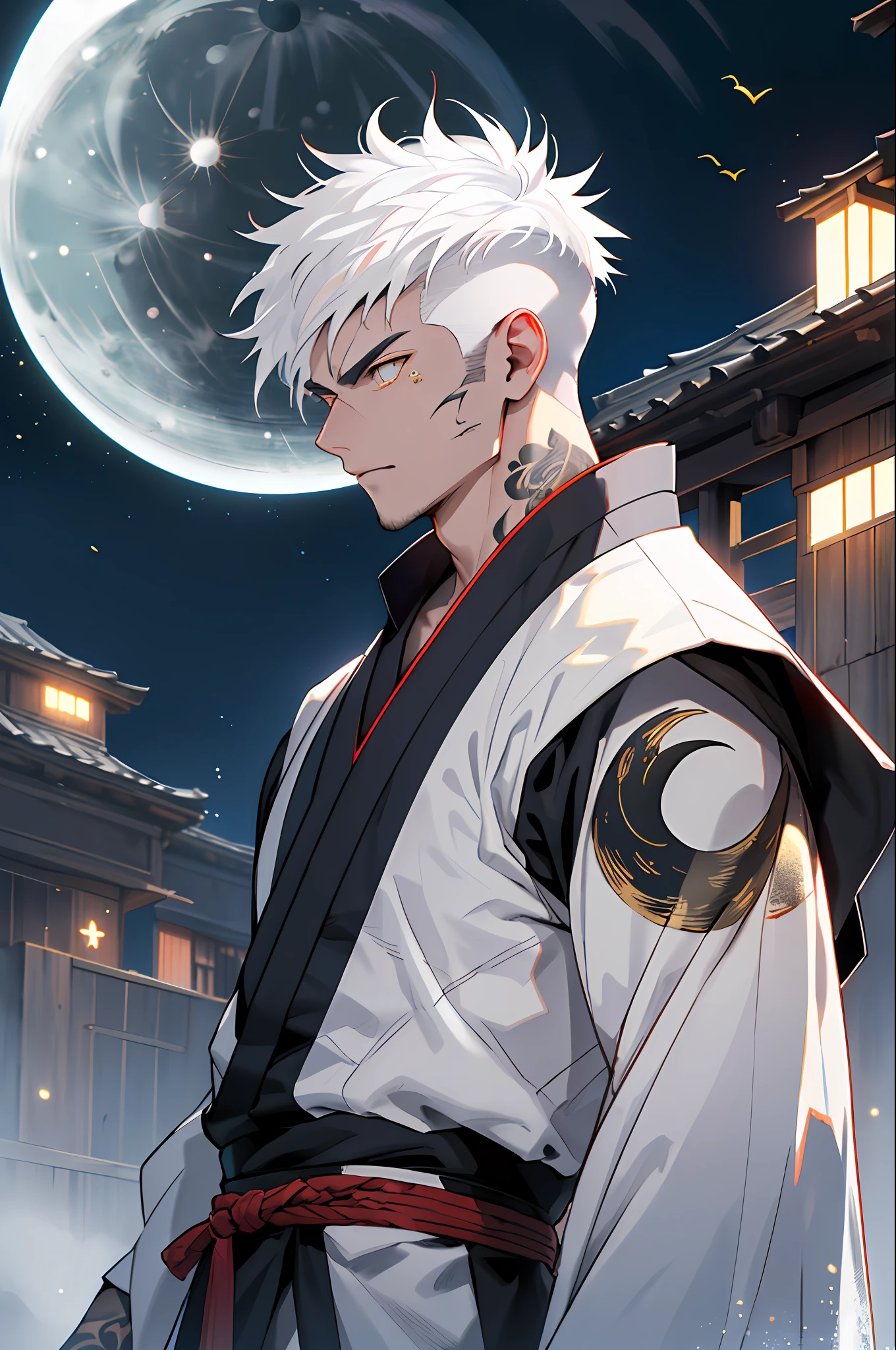 Muscular handsome guy standing in front of the night sky on an abandoned asteroid, wearing short kimono, samurai tattoos, yokai tattoos, age 24, lean full muscles, upper body only, waist up only, revealing upper body, erotic, bare muscles, muscular, tight body, tight muscles, super colorful, (white hair:1.8), (fade haircut:1.4), (golden eyes:1.34), demon slayer magic particles, embers in the night, (no moon:1.8)