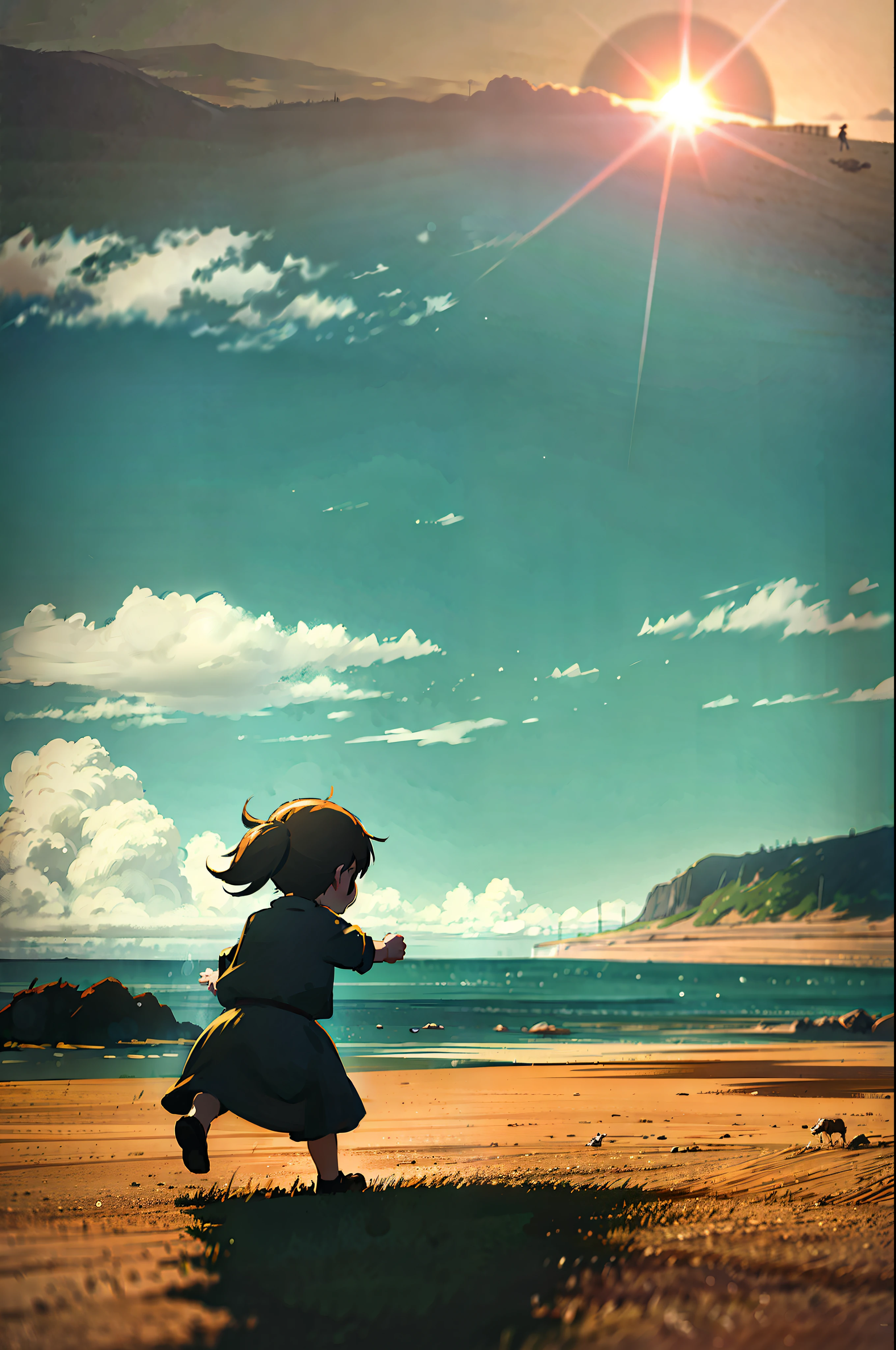  girl with shepherd dog, back, running by the sea, Miyazaki style, sunshine,