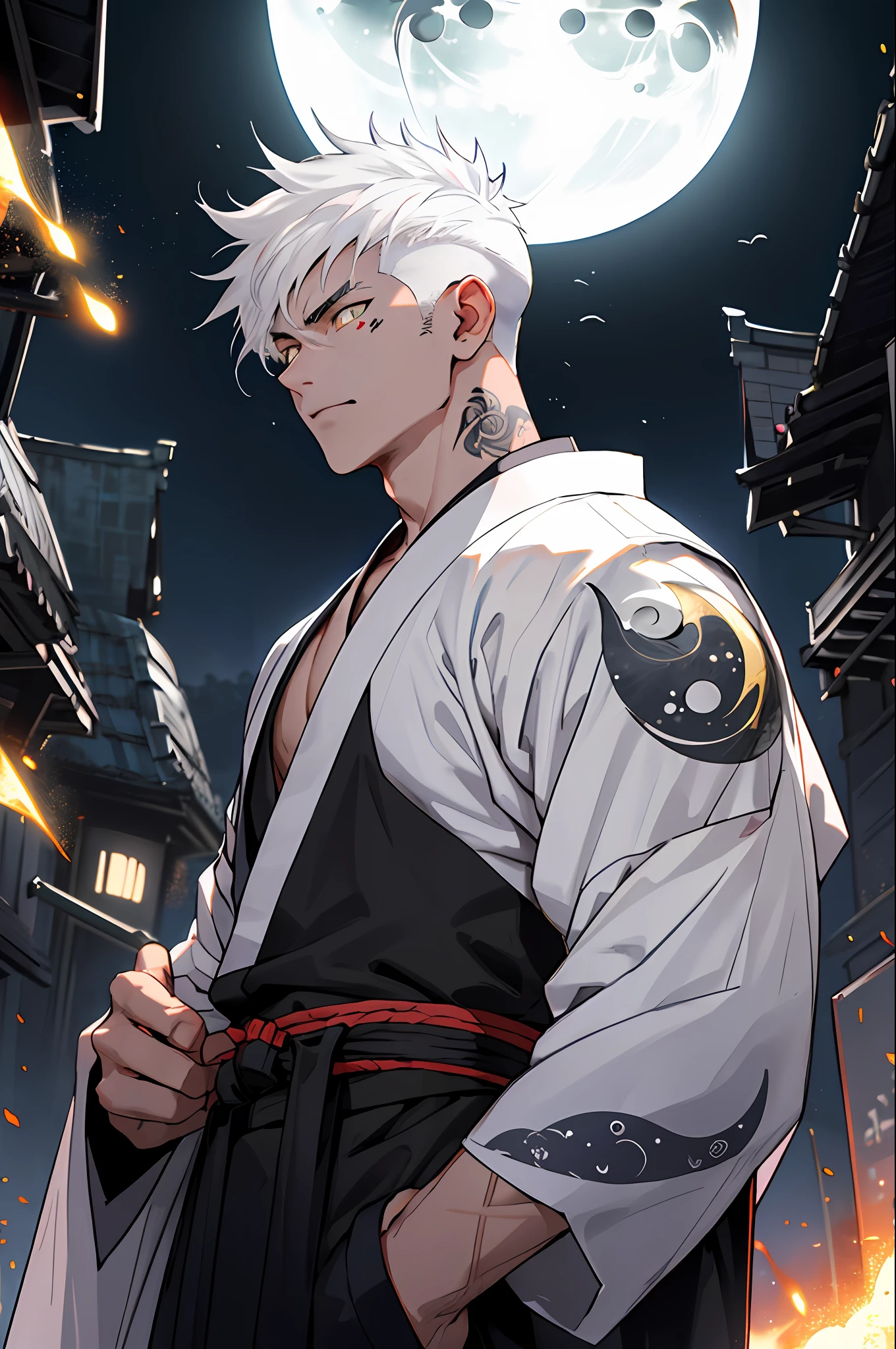 Muscular handsome guy standing in front of the night sky on an abandoned asteroid, wearing short kimono, samurai tattoos, yokai tattoos, age 24, lean full muscles, upper body only, waist up only, revealing upper body, erotic, bare muscles, muscular, tight body, tight muscles, super colorful, (white hair:1.8), (fade haircut:1.4), (golden eyes:1.34), demon slayer magic particles, embers in the night, (no moon:1.8)