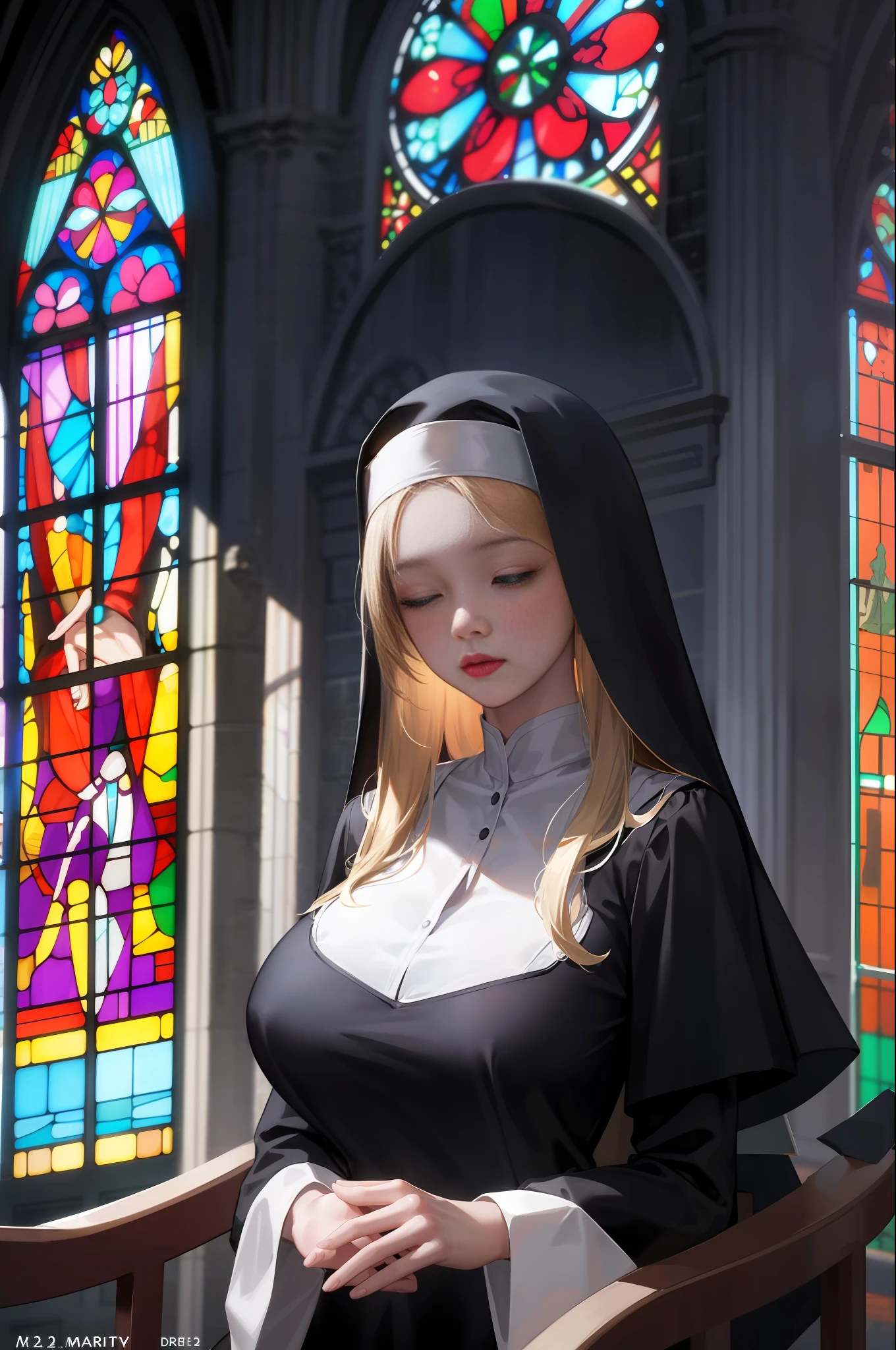 （best qulity，master-piece：1.4），（photorealestic：1.2），（photorealestic：1.2），（absurdities：1.2），4K，detailded，hyper detailed，Digital art of，Detailed face，church，inside room，stained glass colored，Mature women，Huge：1.3，Nun dress，Close your eyes，Kneeling ，praying，Cross your hands over your chest,