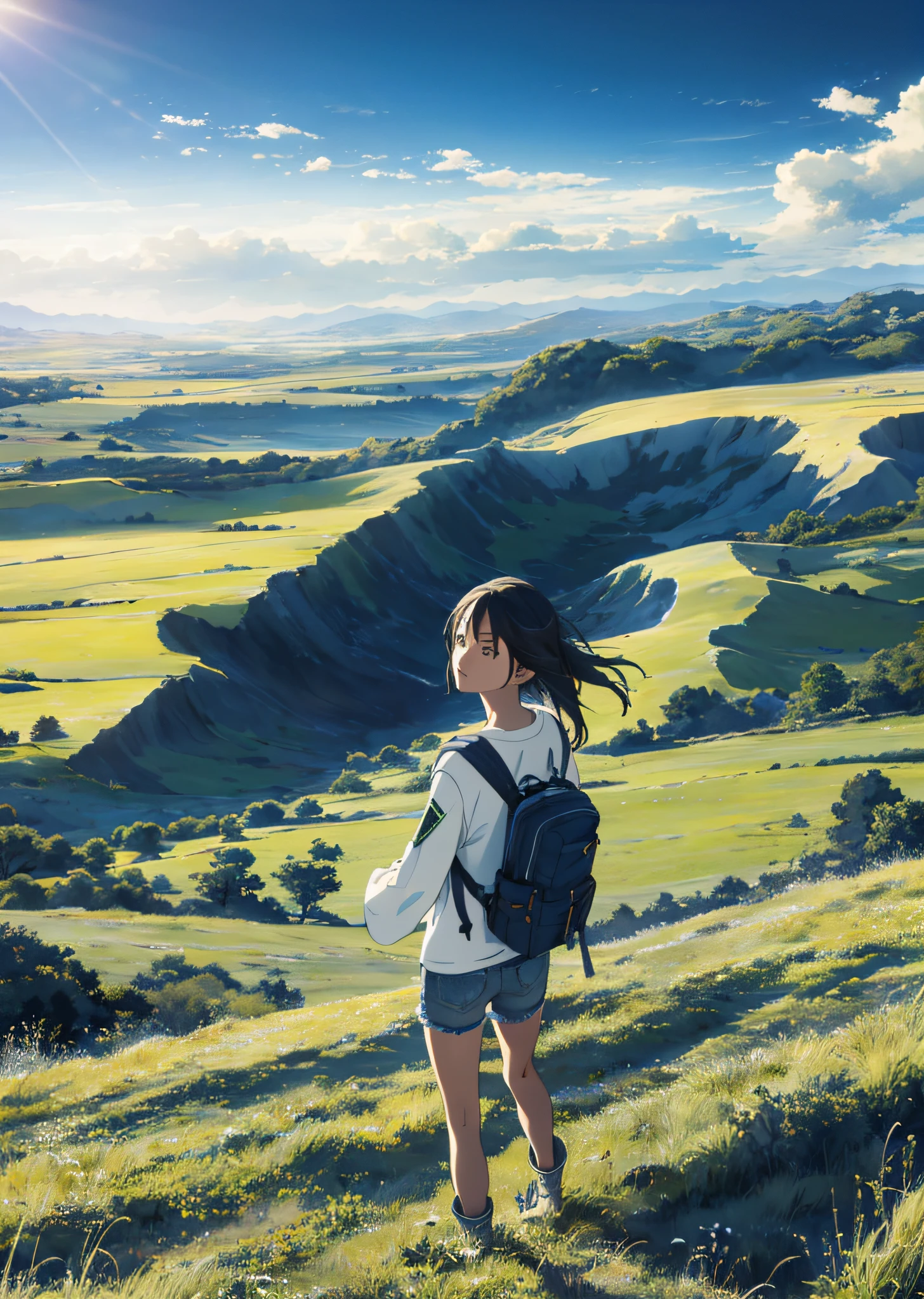 The vast sky, beautiful skyline, large grasslands, extremely tense and dramatic pictures, moving visual effects, the high-hanging Polaris, and colorful natural light. Long-sleeved top, denim shorts, and a girl with a backpack.