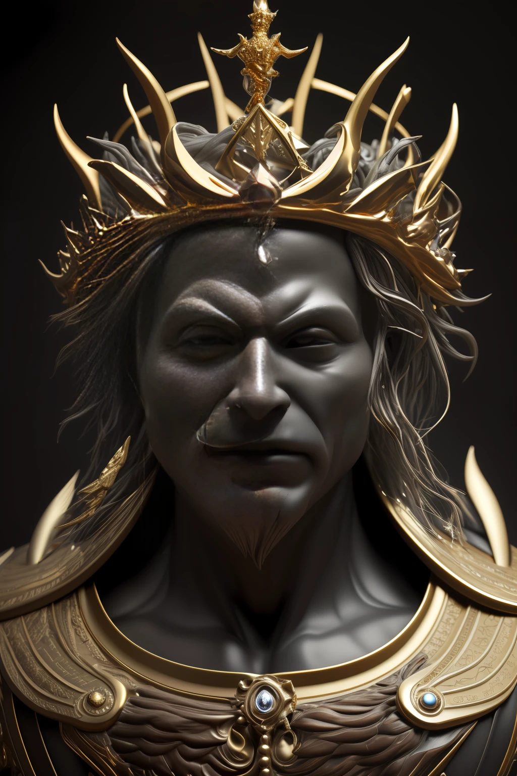 a close up of a black crystal statue of a person with a crown on his head, god. extremely high detail, beautiful male god of death, unreal engine render + a god, extremely detailed GOD shot, zbrush central contest winner, hyperdetailed fantasy character, inspired by Hedi Xandt, 3 d sculpture octane render 8 k, gold and dark black metal, Black METAL extreme depth
