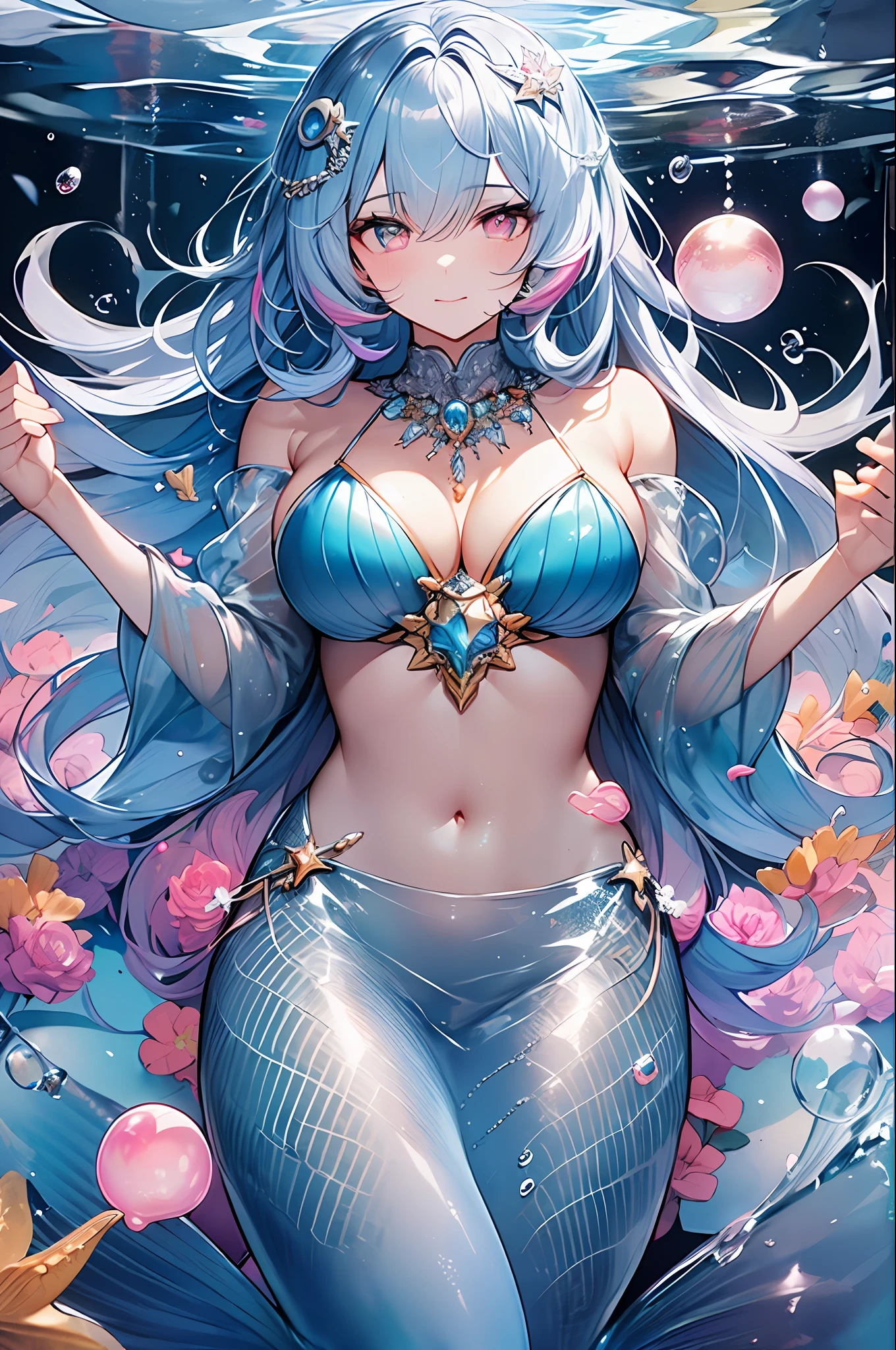 (((Insanely detailed))),((masterpiece、best qualiy、Watercolor art(Pendants)、offical art、Beautiful and aesthetic:1.2))、(the golden ratio:1.2)、(Full body:1.2)、(Ultra-detail:1.3)、(1girls:1.3)、(Fractal Art:1.3)、Full body、((Glitter pupils))、patterns、((Iridescent hair、Colorful hair、Half light blue and half pink hair:1.2))、Colorful、writing、(Heterochromia)、(Colorful:1.5)、((Swimwear))、((Shy face))、((Seashell Bikini))、(Standing)、(hyper detailed), ((Delicate details)), (intricate detail), ((Cinematic light, best quality Backlights)), High Contrast, ((Best lighting, anextremelydelicateandbeautiful)), ((Cinematic light))、(Ray-traced reflections、sparkles)、((Shining aura))、((Shiny hair))、((super-detail))、((8K))、((Write))、Delicate beautiful face and eyes,Focus on the face, Deep sea background,masterpiece,Detailed splashes, Beautiful detail water、Feeling of shock、(Real:0.5)、Original 2 High Saturation、(Surrounded by colorful splashes and dots)、colorful bubble、Glasses、((mermaid))、((Holding a large pearl with both hands))、(Pearl Necklace)