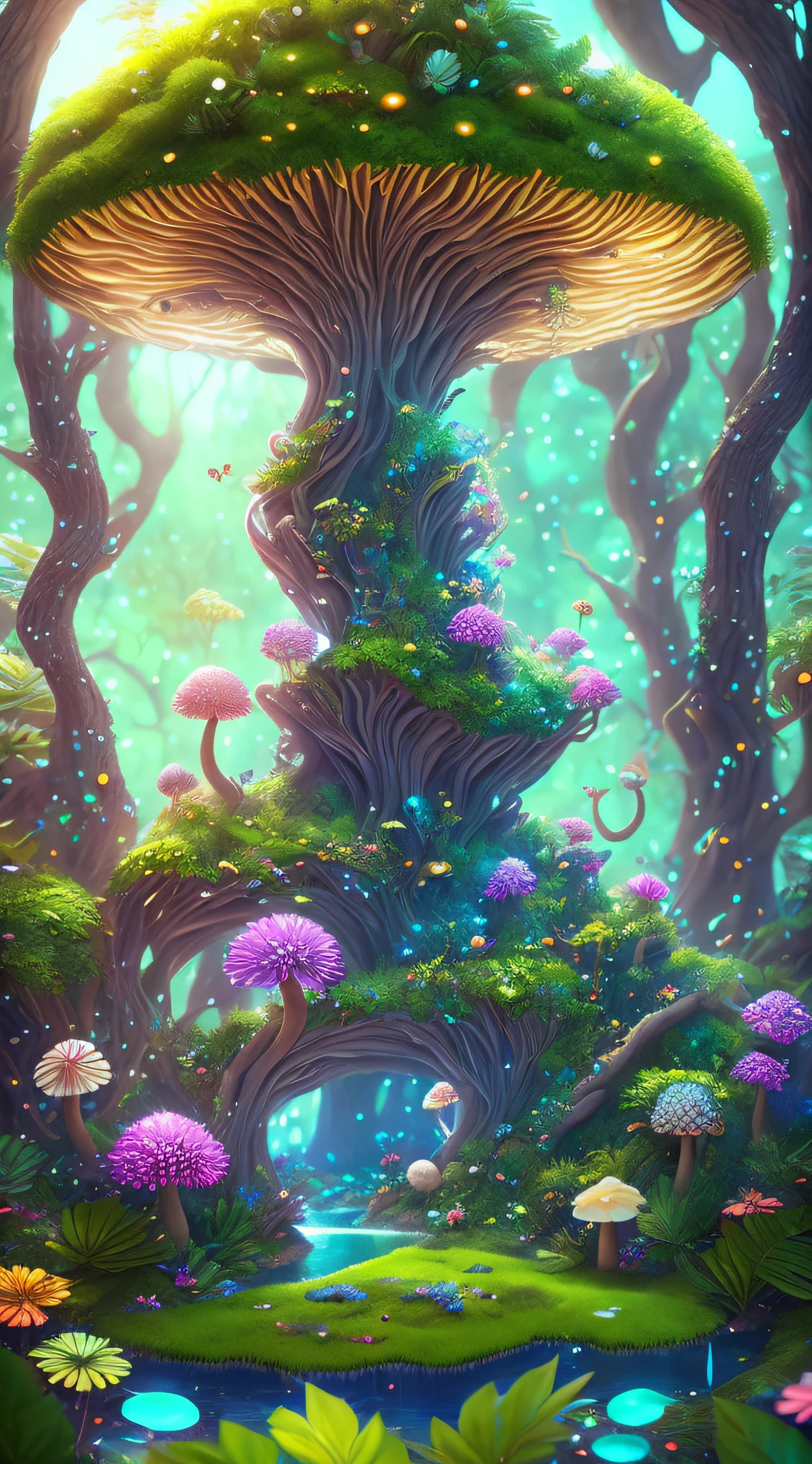 ((((CONCEPTUAL ART)))) ((((UNREAL PHOTOGRAPHY)))) in a magical forest of lush green exotic plants and lush colorful exotic flowers, crystal clear water seeps through, a small creature with mushroom features and a beautiful and fine wings, Beeple and Jeremiah Ketner, a living mushroom, very beautiful and cuddly, beady beady eyes and a tuned little mouth, little feet, too cute, fantasy, magic, mythological, light leaks, fairy tale, magical tale, detailed detailed background, global illumination, celestial lighting, magic lighting, backlight, depth of field.  Powerful Unreal Engine, Stylized 3D Rendering, 3D Rendering Beeple, Highly Detailed 4K Digital Art, Daily Beeple Art, LinDo Detailed Digital Art, Detailed 3D Digital Art, High Quality 8K Detailed Art, State of the Art Autodesk Maya VFX, Post Production.  Exaggeratedly real, absolutely real