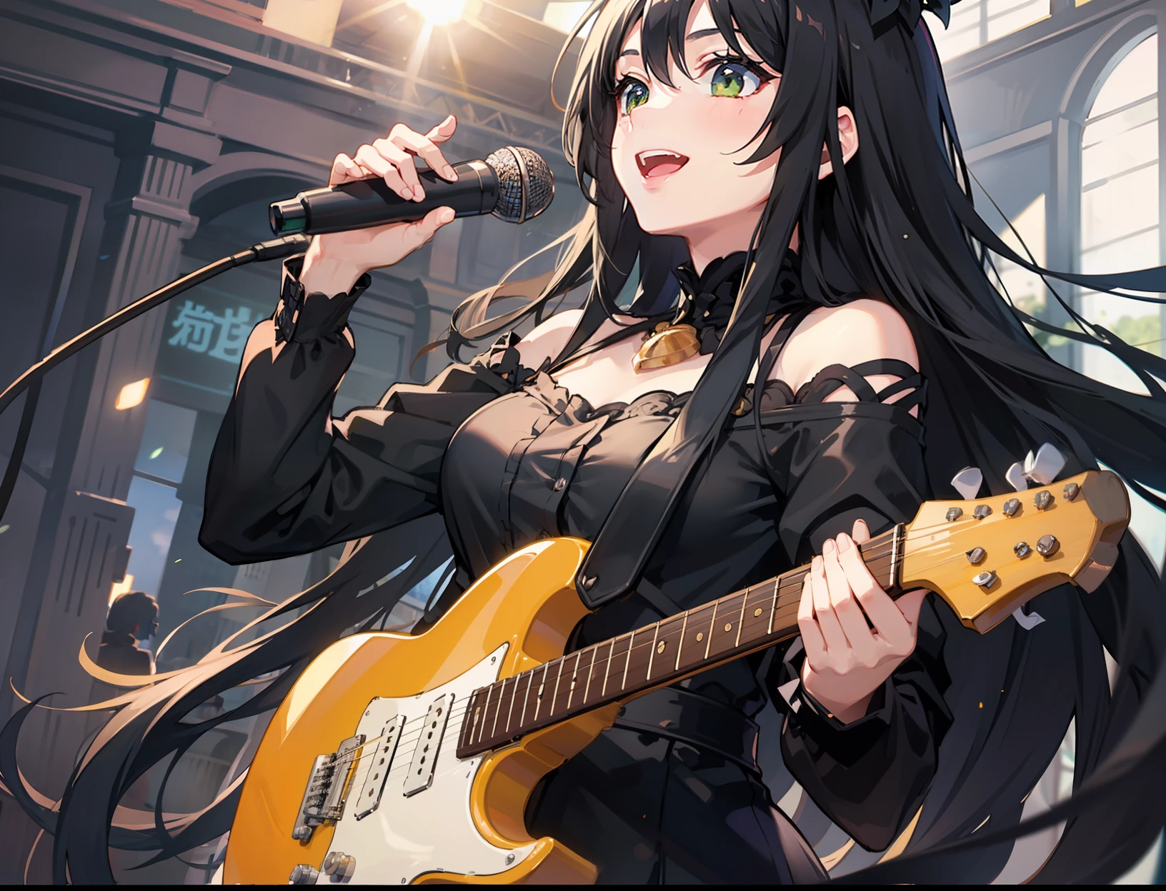 detailed backgorund、best qualiy、アニメ、Bathed in sunshine、Distributor、Beautiful girl holding the microphone、Long black hair、Green eyes、Emo、Dynamism、Sorrisos