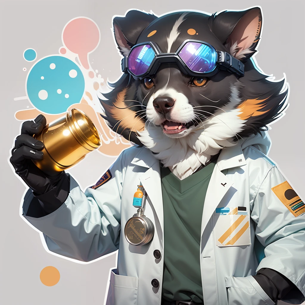 An animal wearing a white lab coat, protective goggles, and holding a flask with colorful bubbling substance, cutout sticker design with white outline in bright and vibrant colors on a white background stickers kawaii, professional sticker design, flat design, vector lines, sticker, drawing, Drawing, Full HD --auto --s2