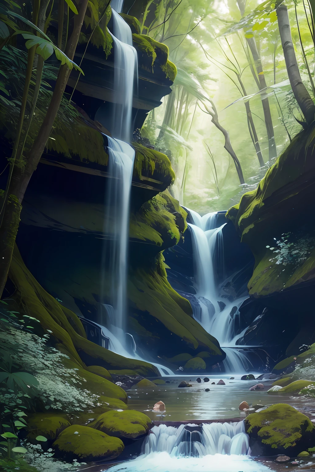 Slot canyon Australian Blue Mountains, highres, wilderness, BREAK , Create an image with light refracting, with a kaleidoscopic appearance, towering sandstone bluffs, ancient ferns, gum trees, water, BREAK , design an image with fisheye lens effect, capturing a wide field of view with distinctive perspective, BREAK , wallpaper, watercolor
