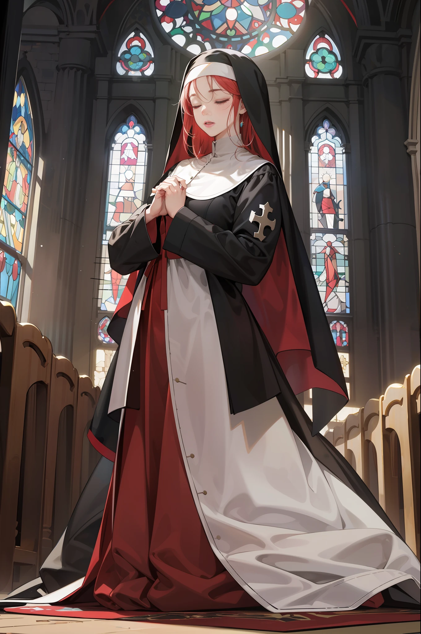 (best qulity,master-piece:1.4),(photorealestic:1.2),(photorealestic:1.2),(absurdities:1.2),4K,detailded,hyper detailed,Digital art of,Detailed face,church,inside room,stained glass colored,Mature women,Huge:1.3,Nun dress,Close your eyes,Kneeling ,praying,Cross your hands over your chest,