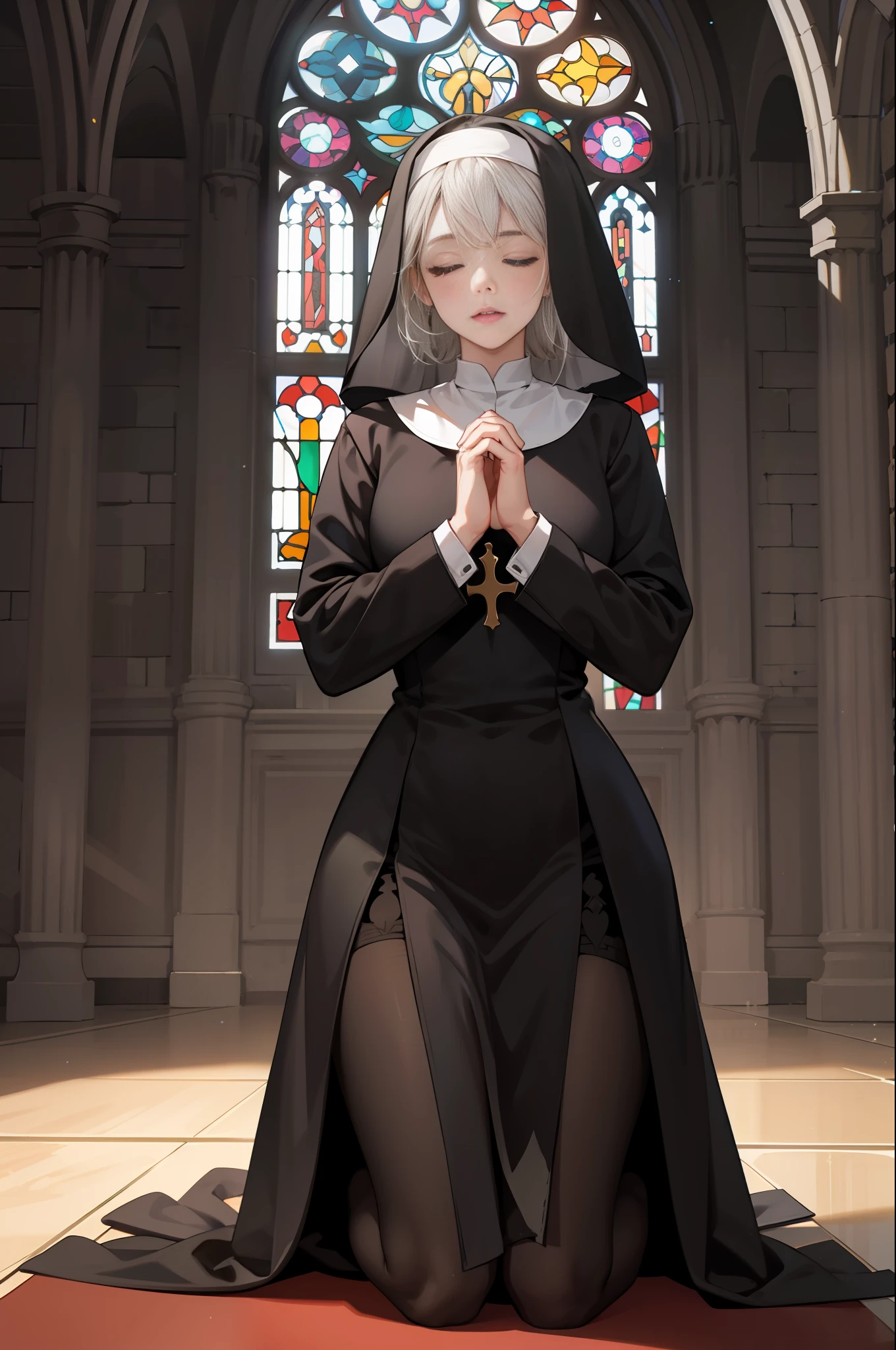(best qulity,master-piece:1.4),(photorealestic:1.2),(photorealestic:1.2),(absurdities:1.2),4K,detailded,hyper detailed,Digital art of,Detailed face,church,inside room,stained glass colored,Mature women,Huge:1.3,Nun dress,Close your eyes,Kneeling ,praying,Cross your hands over your chest,