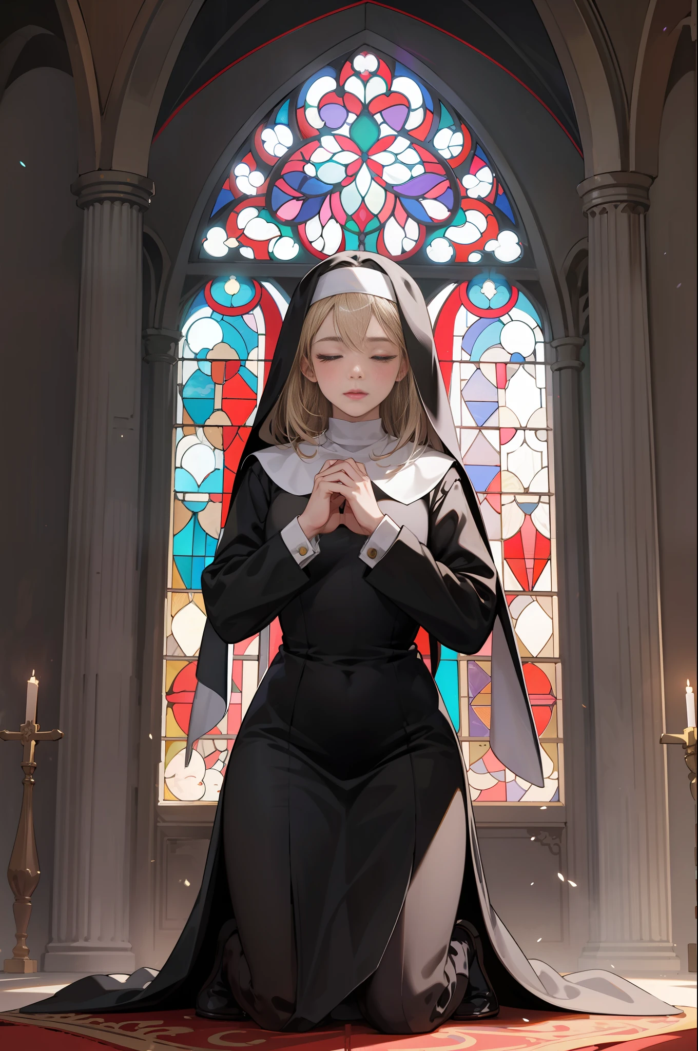 （best qulity，master-piece：1.4），（photorealestic：1.2），（photorealestic：1.2），（absurdities：1.2），4K，detailded，hyper detailed，Digital art of，Detailed face，church，inside room，stained glass colored，Mature women，Huge：1.3，Nun dress，Close your eyes，Kneeling ，praying，Cross your hands over your chest,