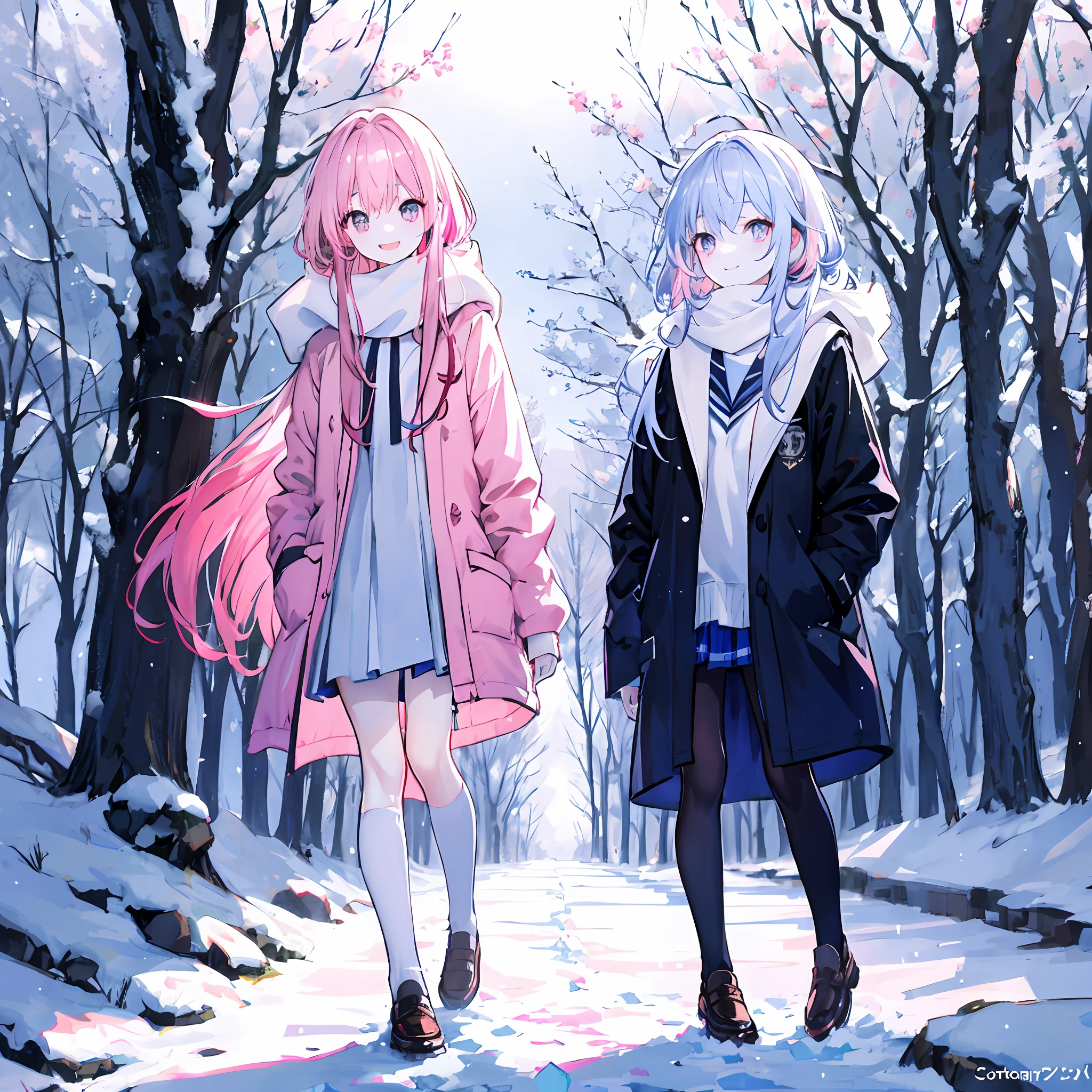 best qualiy、masterwork、Highresolution、highlydetailed、8K、two girl、a Pretty、Anime、Crystal clear white skin、Functional、full - body、、14yo、(Hair color is light nk with glitter)、Sparkling winter scenery、Shivering in the cold wearing cute warm clothes、Sorrisos、Low angle