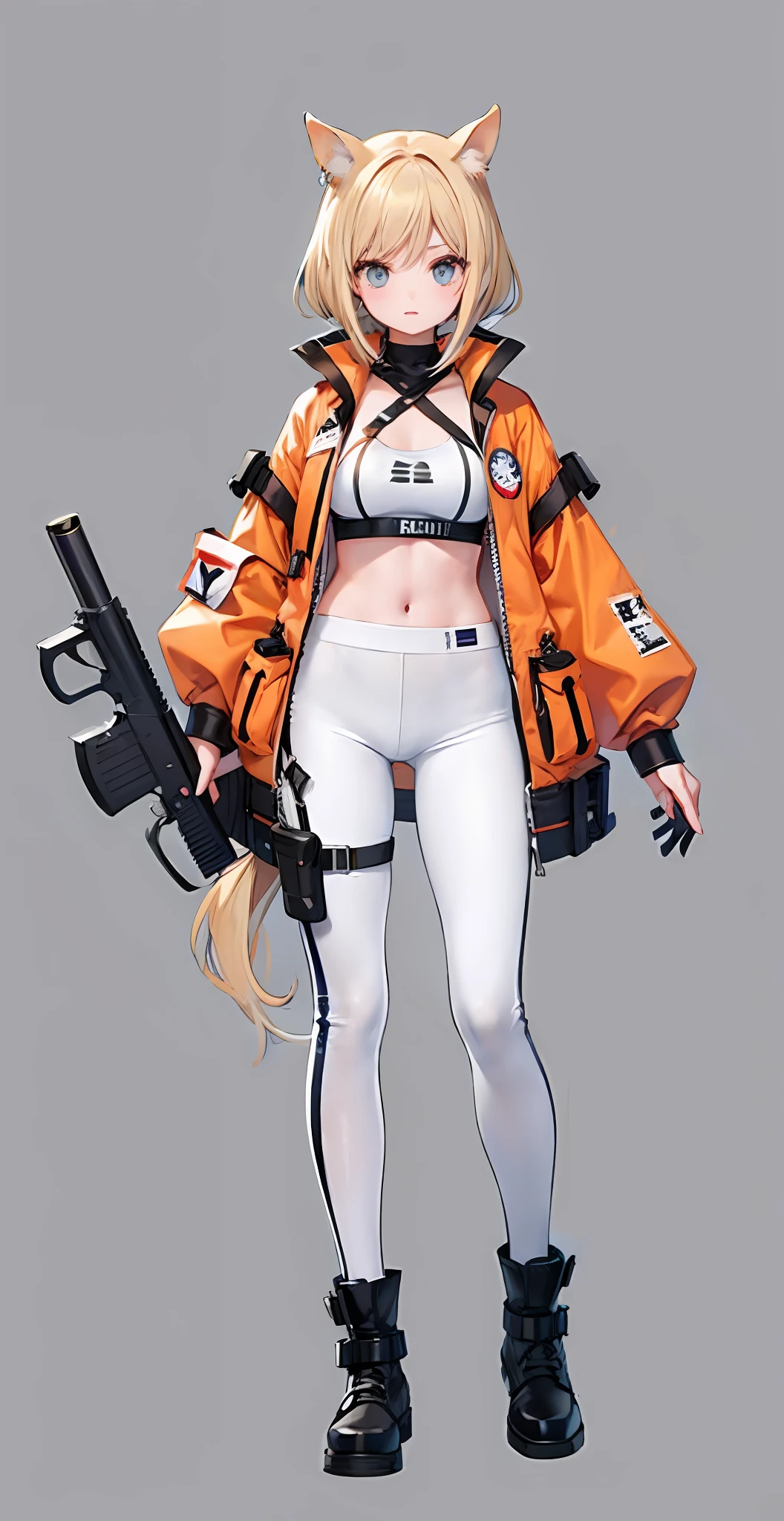 a drawing of a woman in a costume with a gun, clear outfit design, full body concept, （（Orange skinny leather pants）），Tactical pack，Open coat，（（White sports bras）），single horse tail，Blonde hair，Rich in details，Highest quality，Detailed face