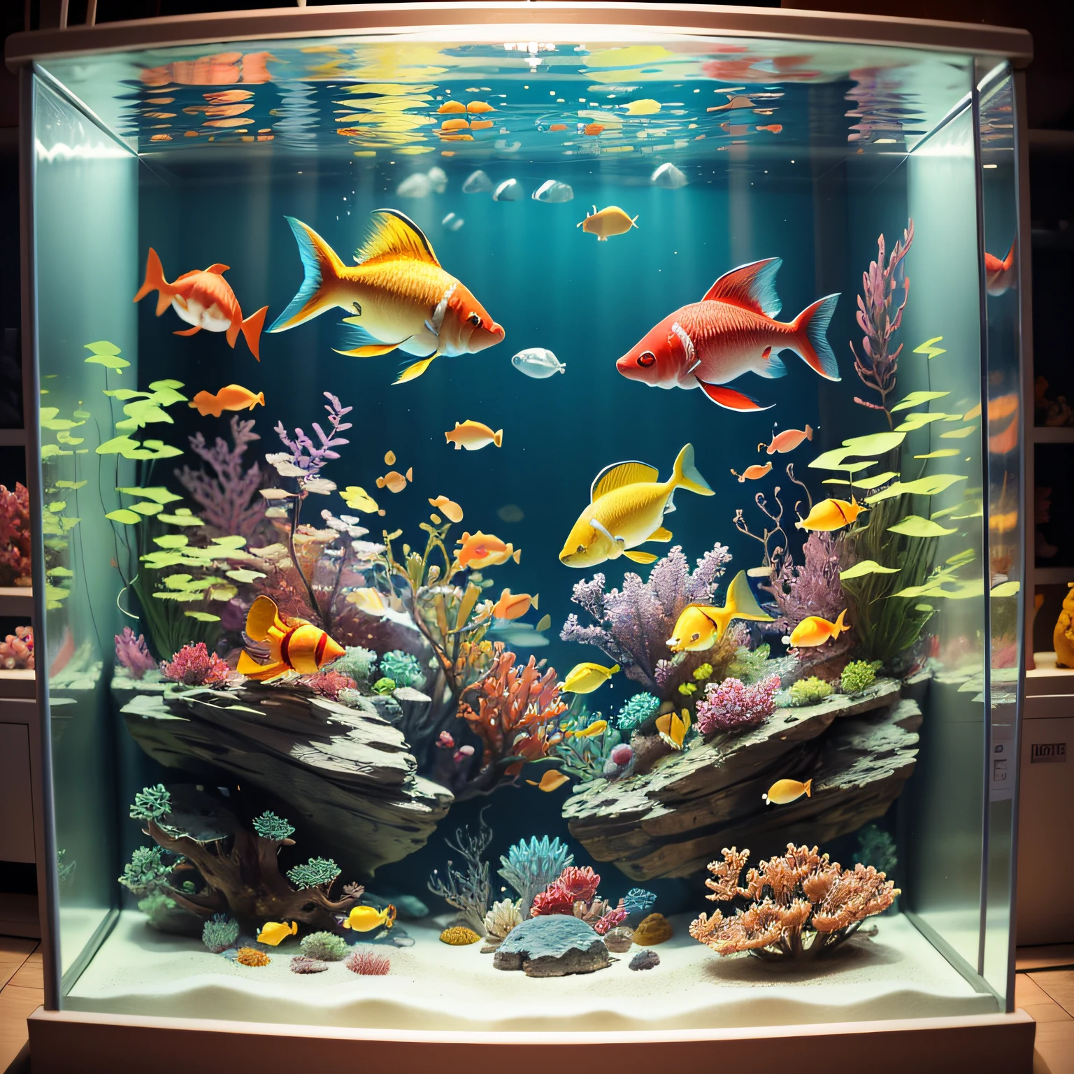 Items: Fish, marine creatures, aquariums, mermaids, underwater plants, and other marine elements.
Location: Fantastical aquarium, seascape, underwater scenery.
Condition: Vibrant aquarium, swimming fish, beautiful corals, and underwater plants.
Theme Style: Fusion of fantasy and realism, enchanting lights and colors, whimsical yet realistic ambiance. --auto