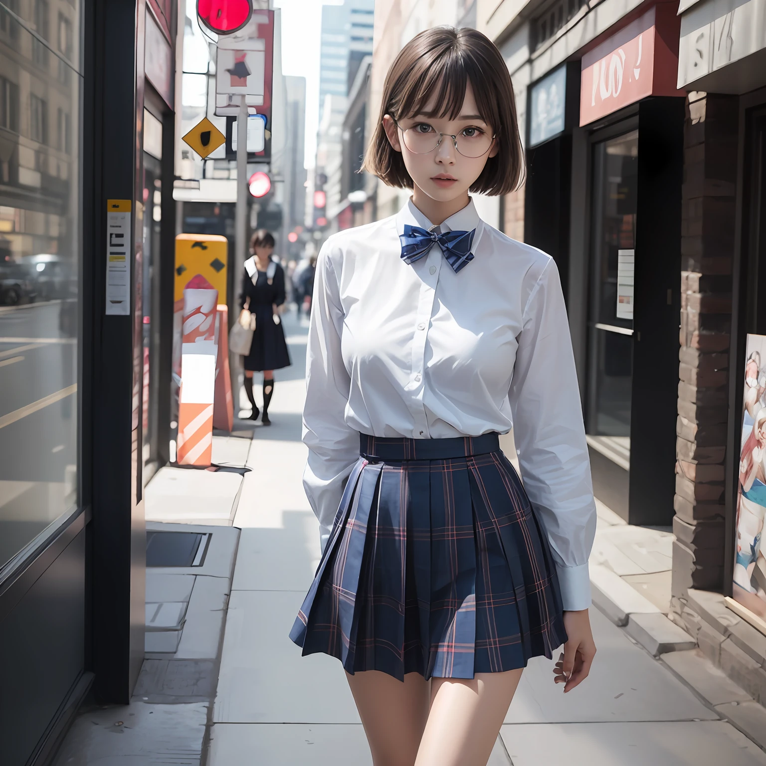 (8K、RAW Photography、best qualiy、masterwork:1.2),ren,beaut,shorter hair,One person, 独奏,eyewear,,Dark look,Small breasts,full - body,Round glasses、a Pretty、Japanese female,standing a,Hard-eyed,Skinny,Rasping,anger,small tits,flat breasts(Realistic、photorealestic:1.37)、best qualiy、extra high resolution、Photon Mapping、、Light blue ribbon,Realistic、Cute little face,short hair ponytail,brown eyess、Black socks、Red bow tie、radiocity、Physically Based Rendering、Blurred、foreground、Depth-of-field、Blurry background、photos_\,The girls、Body, long legs, Thin leg, Medium hair,(Bangs are visible), Hair_ornament, s lips, Blue_eyes on, nosesoft, Light blue shirt, Navy blue and white plaid pleated skirt, Sheer clothing, Black loafers, Thigh, Black cotton socks,