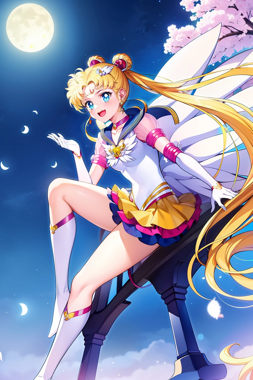 1girl,  eternal sailor moon, night sky,  cherry blossoms, detailed face, face focus, shiny skin, smile, game cg,  torino aqua, nigh sky, moonlight, moon, (wings 1.5), white gloves, fullbody