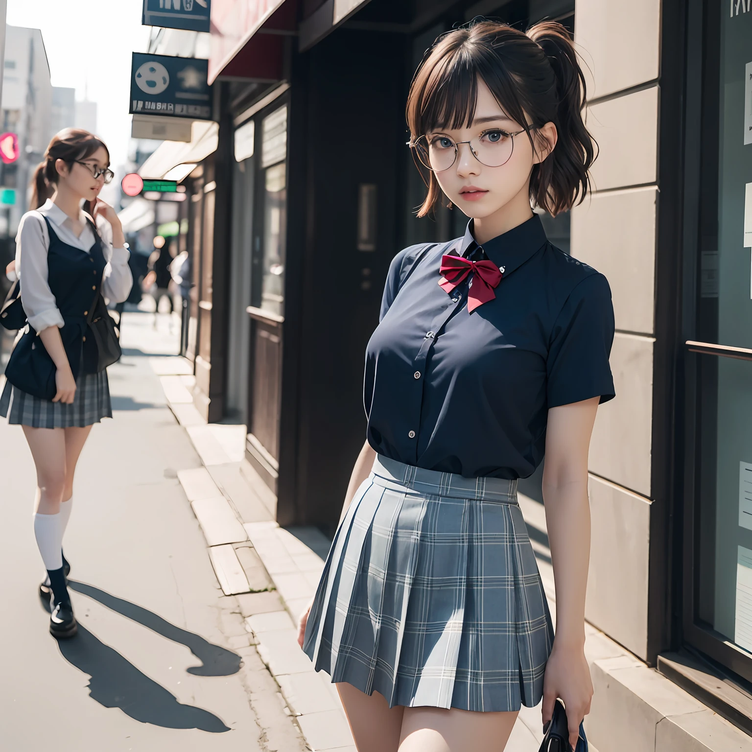 (8K、RAW Photography、best qualiy、masterwork:1.2),ren,beaut,shorter hair,One person, 独奏,eyewear,,Dark look,Small breasts,full - body,Round glasses、a Pretty、Japanese female,standing a,Hard-eyed,Skinny,Rasping,anger,small tits,flat breasts(Realistic、photorealestic:1.37)、best qualiy、extra high resolution、Photon Mapping、、Light blue ribbon,Realistic、Cute little face,short hair ponytail,brown eyess、Black socks、Red bow tie、radiocity、Physically Based Rendering、Blurred、foreground、Depth-of-field、Blurry background、photos_\,The girls、Body, long legs, Thin leg, Medium hair,(Bangs are visible), Hair_ornament, s lips, Blue_eyes on, nosesoft, Light blue shirt, Navy blue and white plaid pleated skirt, Sheer clothing, Black loafers, Thigh, Black cotton socks,