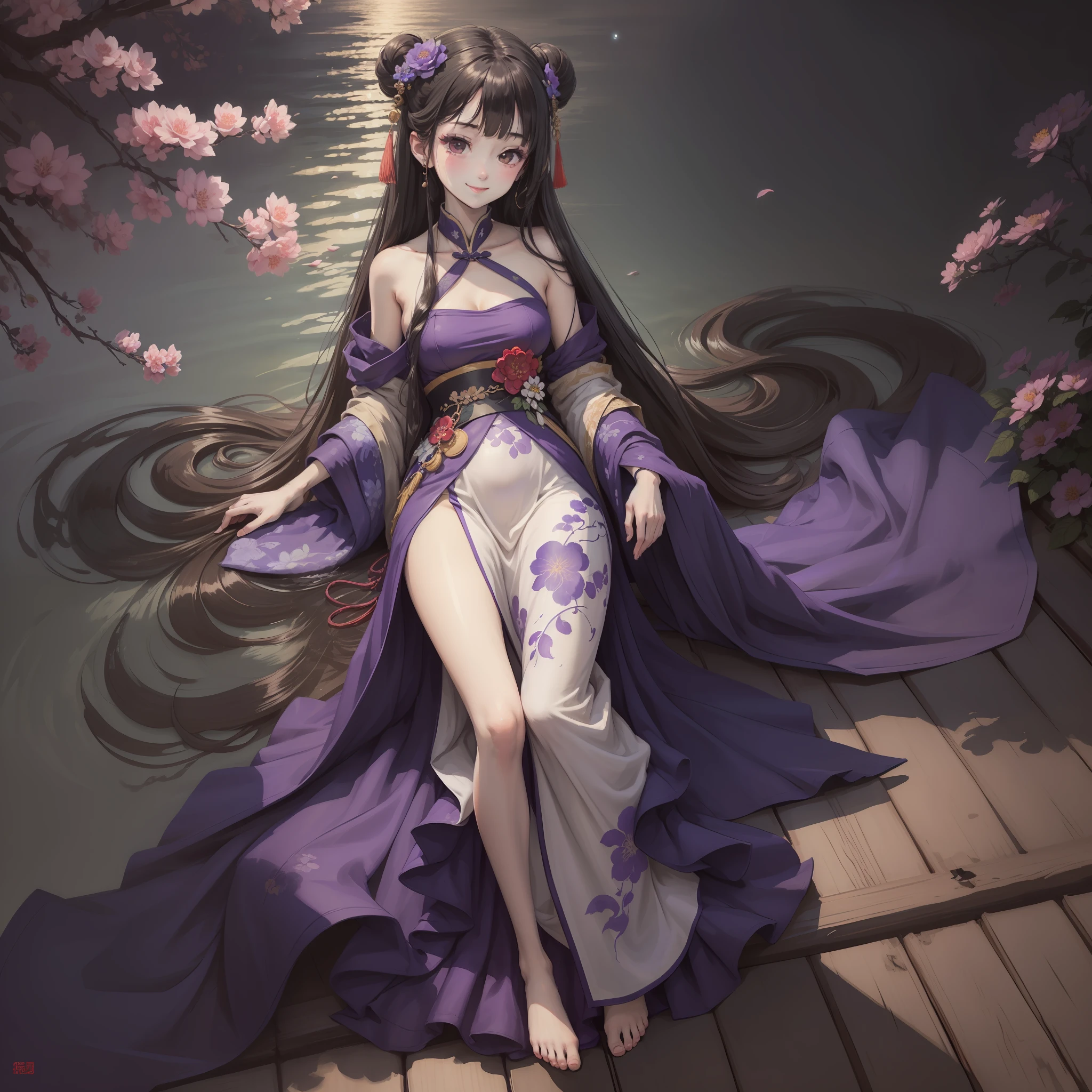 ((4K,master-piece,Best quality)), shuimobysim, Traditional chinese painting, ink, Hanfu, maxiskit, Dress conservatively, 1girls, 独奏,Long purple hair, smiled, Side leaning, A smile, barefeet,Sea of flowers,star lit sky ,perfectly proportioned,Limb coordination,Dress conservatively。