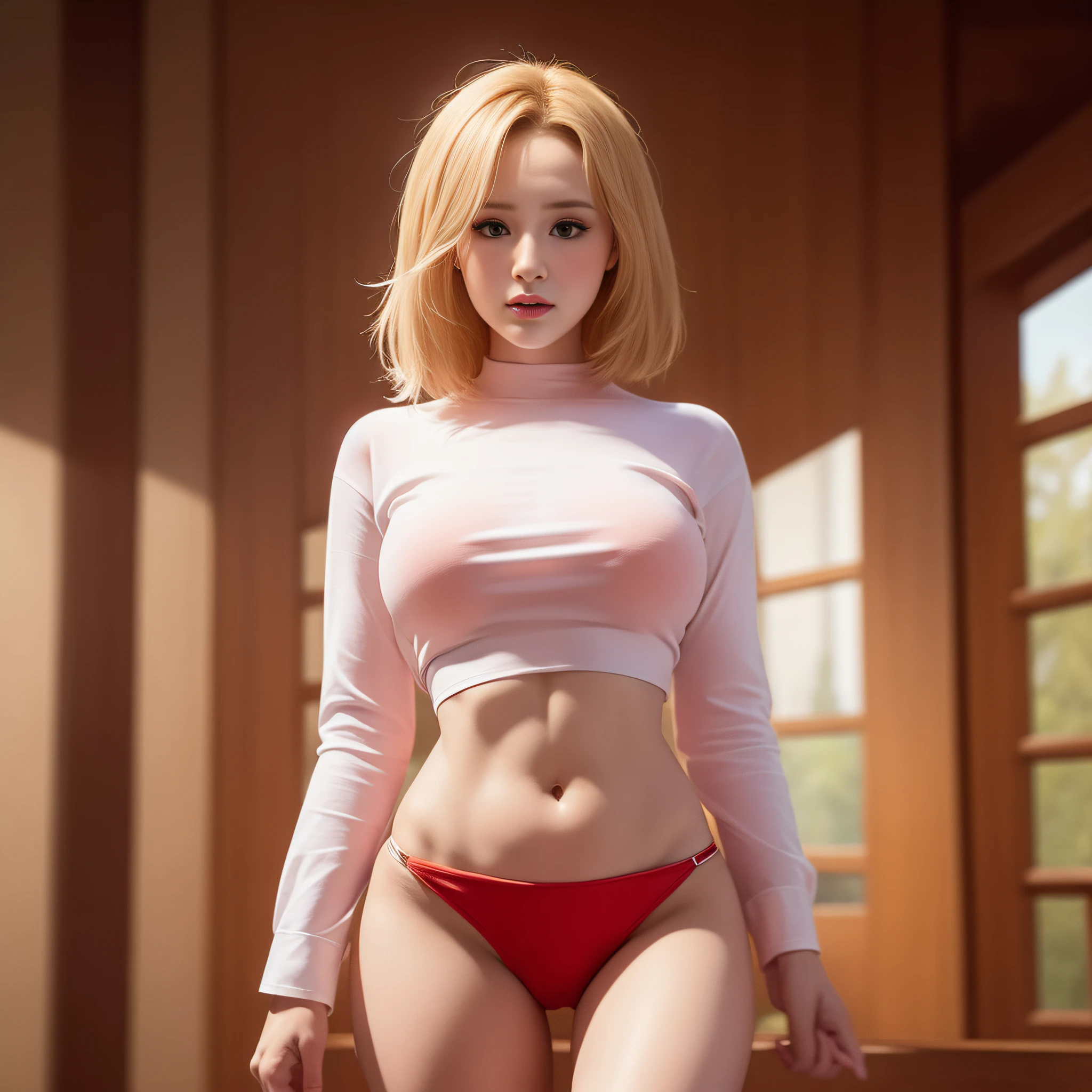 professional, (4k photo:1.1) by (Jeremy Lipking:0.3), (Dittmann Anna:0.3), (Arian Mark:0.3), (Sharp focus:1.3), high detail, wearing (tight shirt:1.2), beautiful detailed face, hazel eyes, short blonde hair, (attractive young woman:1.3), (seductive:1.1), (blushing:1.1), hourglass body shape, natural breasts, wide hips