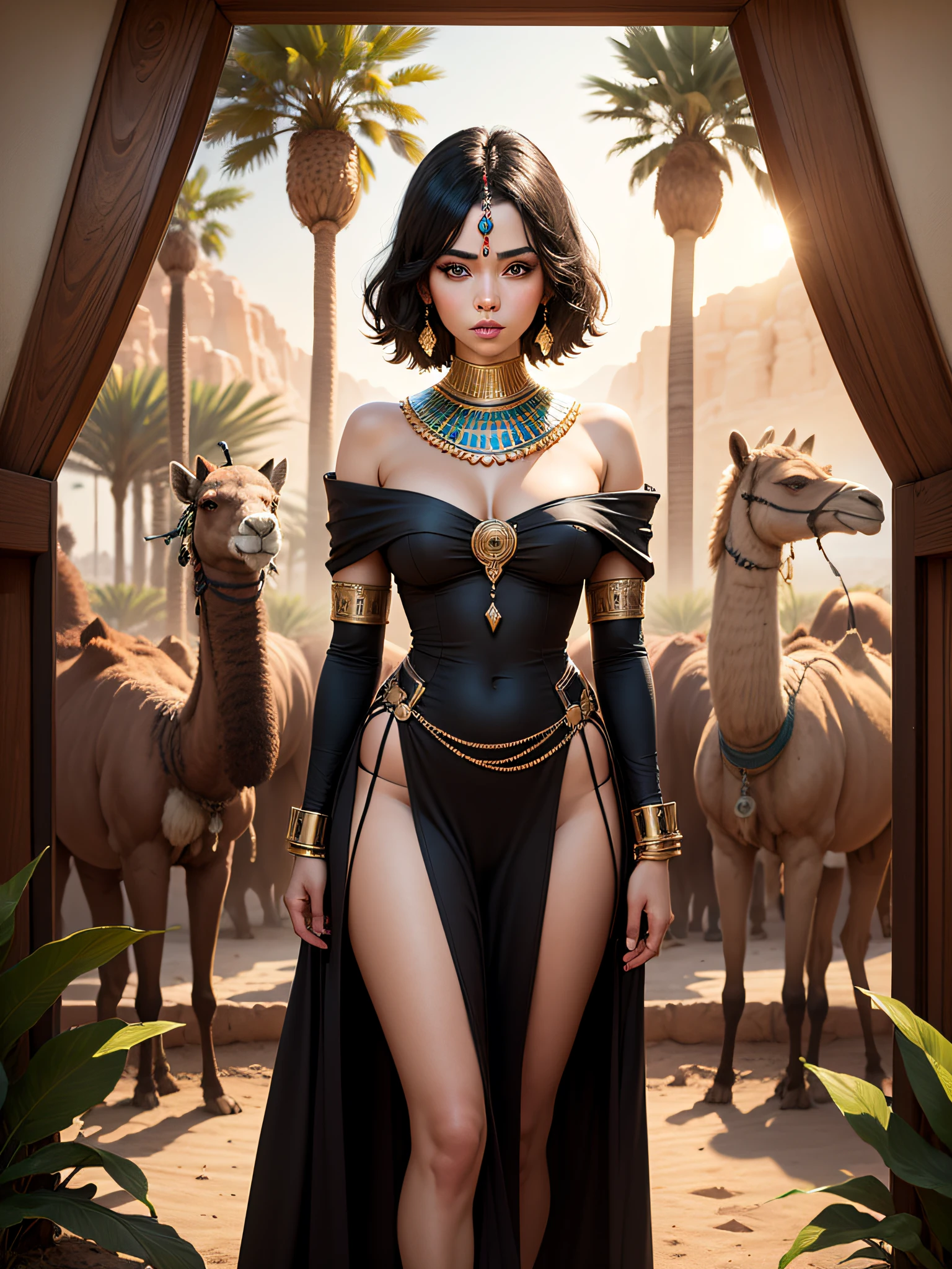 A stunning Egyptian princess, vestida com trajes dourados e reveladores, cativa com um olhar sensual e sedutor. Her medium-length black hair falls elegantly framing her stunning face, destacando seus olhos negros profundos e misteriosos. It is located in a stunning oasis in the middle of the desert, surrounded by palm trees and lush vegetation. Ao fundo, camels add an authentic and culturally rich atmosphere to this fascinating image.