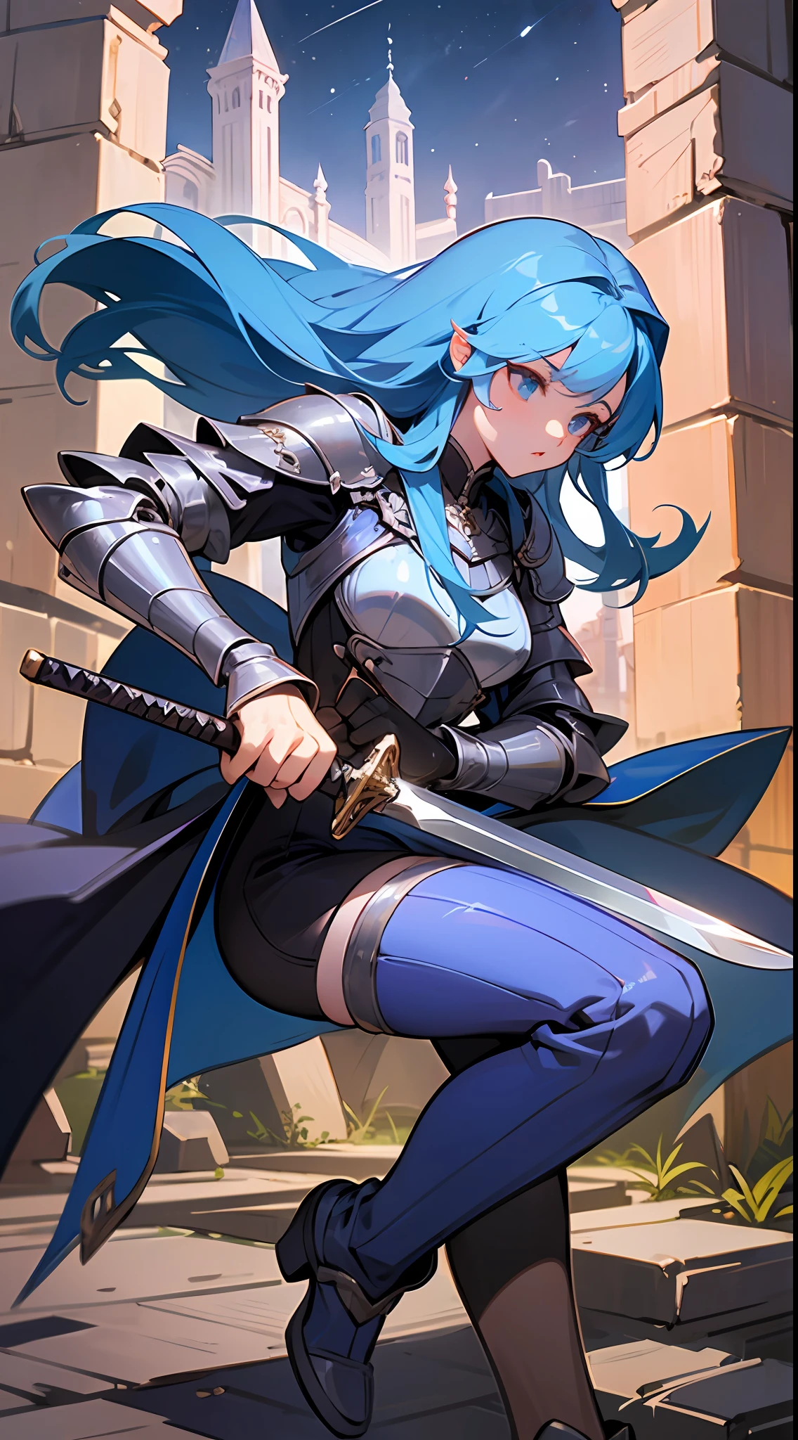 best qualiy、highdetailed、8K、4 k、Highresolution、highdetailed、Long-haired knight girl with blue hair、Upper body is shown、Stone ruins、Swinging a double-edged sword down、(Fantasy world）、night、dim、