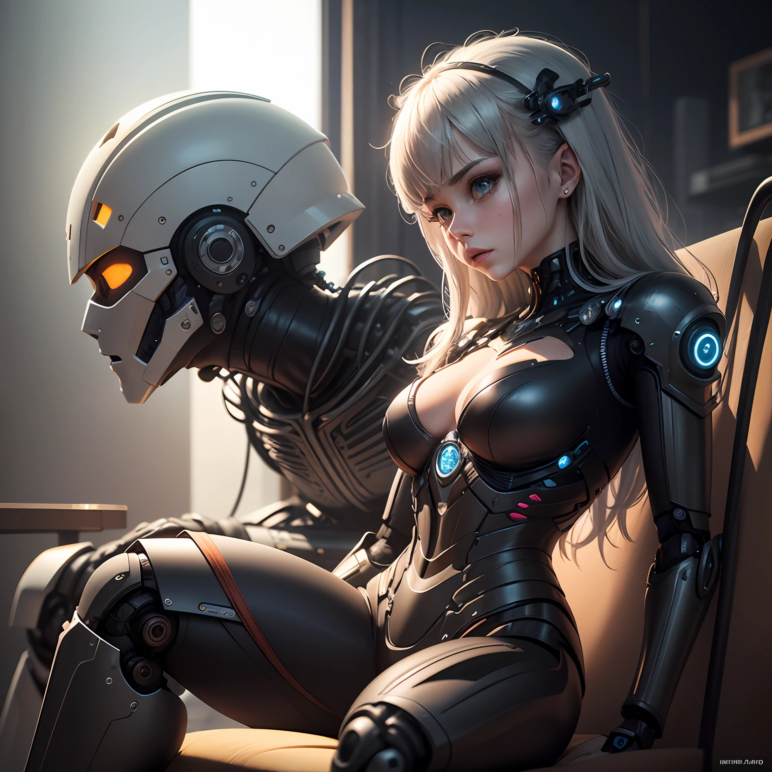 Intricate 3d rendering of highly detailed beautiful ceramic silhouette female robot face, robot, robot part, 150 mm, beautiful studio soft light, rim light, vibrant details, luxurious cyberpunk, lace, surreal, anatomy, facial muscles, cables wires, microchip, elegant, beautiful background, octane rendering, HR Giger style, 8k, best quality, masterpiece, illustration, very delicate and beautiful, very detailed, CG, unity, wallpaper , (fidelity, fidelity: 1.37), amazing, fine detail, masterpiece, best quality, official art, extremely detailed cg unity 8k wallpaper, absurd, unbelievably absurd, robot, silver helmet, full body, sitting write --auto