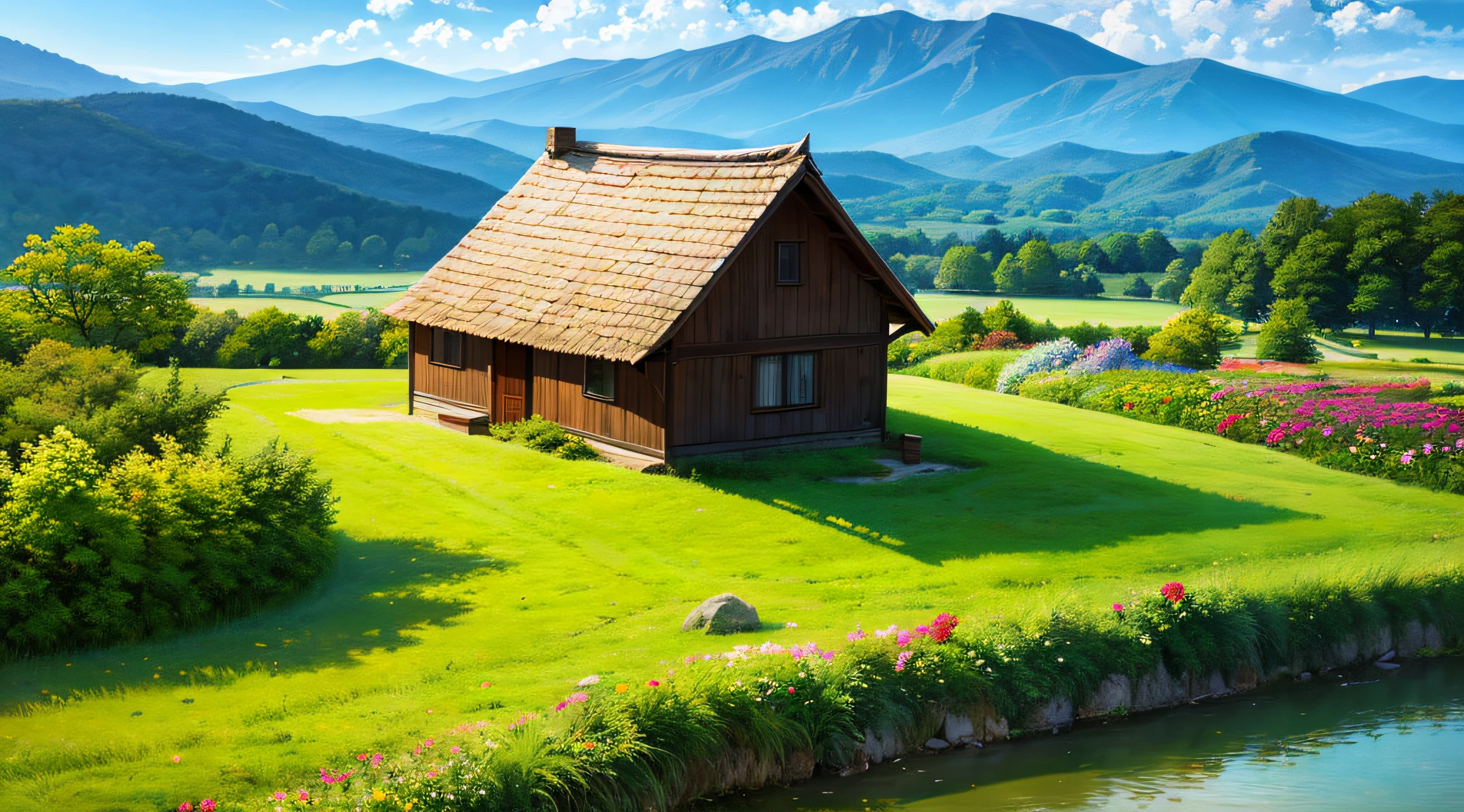 mountain valley,Green cottage,Spring,brook,24K HD ,Fine image quality,Master paintings,Ultra-detailed description