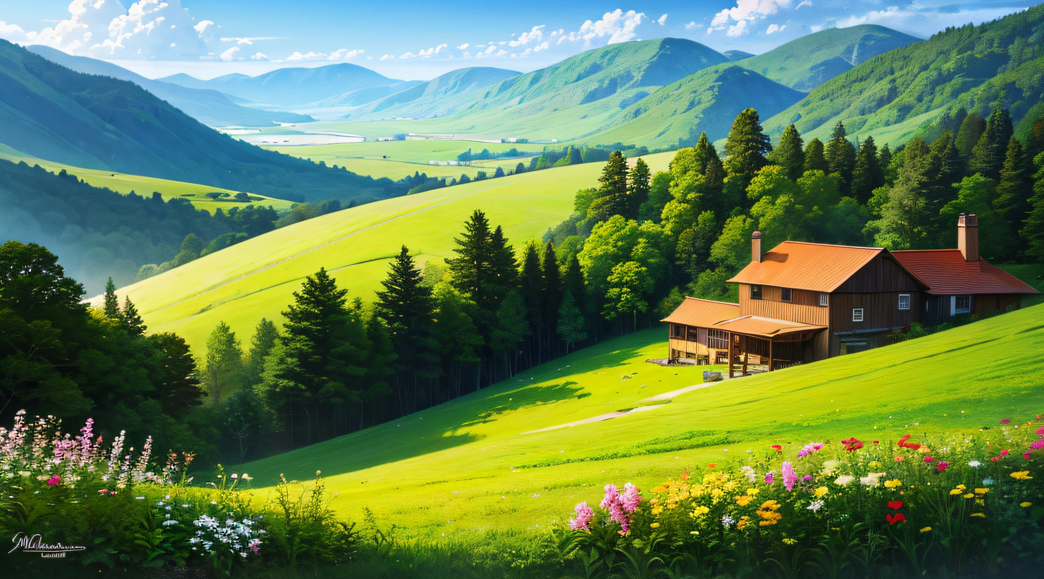 mountain valley,Green cottage,Spring,brook,24K HD ,Fine image quality,Master paintings,Ultra-detailed description