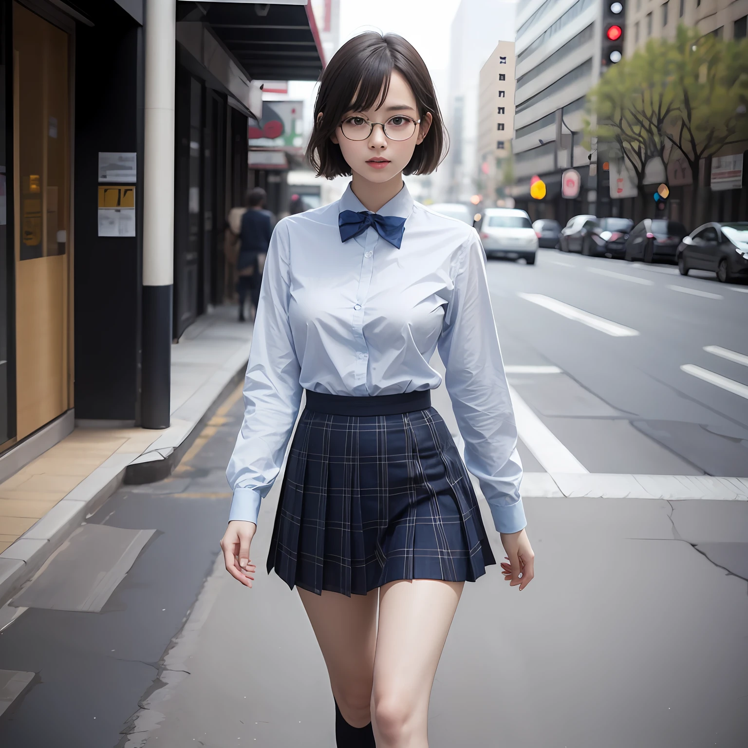 （8K、RAW Photography、best qualiy、masterwork：1.2）,ren,beaut,shorter hair,One person, 独奏,eyewear,,Dark look,Small breasts,full - body,Round glasses、a Pretty、Japanese female,standing a,Hard-eyed,Skinny,Rasping,anger,small tits,flat breasts（Realistic、photorealestic：1.37）、best qualiy、extra high resolution、Photon Mapping、、Light blue ribbon,Realistic、Cute little face,short hair ponytail,brown eyess、Black socks、Red bow tie、radiocity、Physically Based Rendering、Blurred、foreground、Depth-of-field、Blurry background、photos_\,The girls、Body, long legs, Thin leg, Medium hair,(Bangs are visible), Hair_ornament, s lips, Blue_eyes on, nosesoft,  Light blue shirt, Navy blue and white plaid pleated skirt, Sheer clothing, Black loafers, Thigh, Black cotton socks,