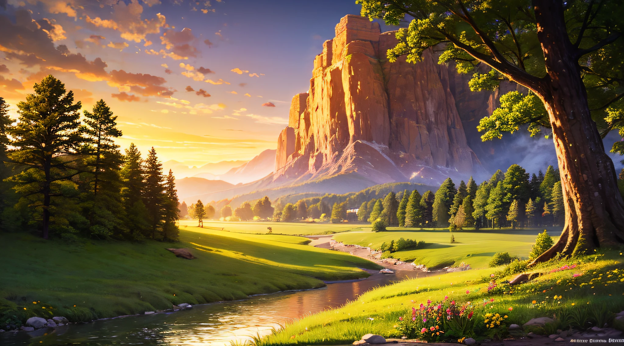 mountain valley,Green cottage,Spring,brook,24K HD ,Fine image quality,Master paintings,Ultra-detailed description