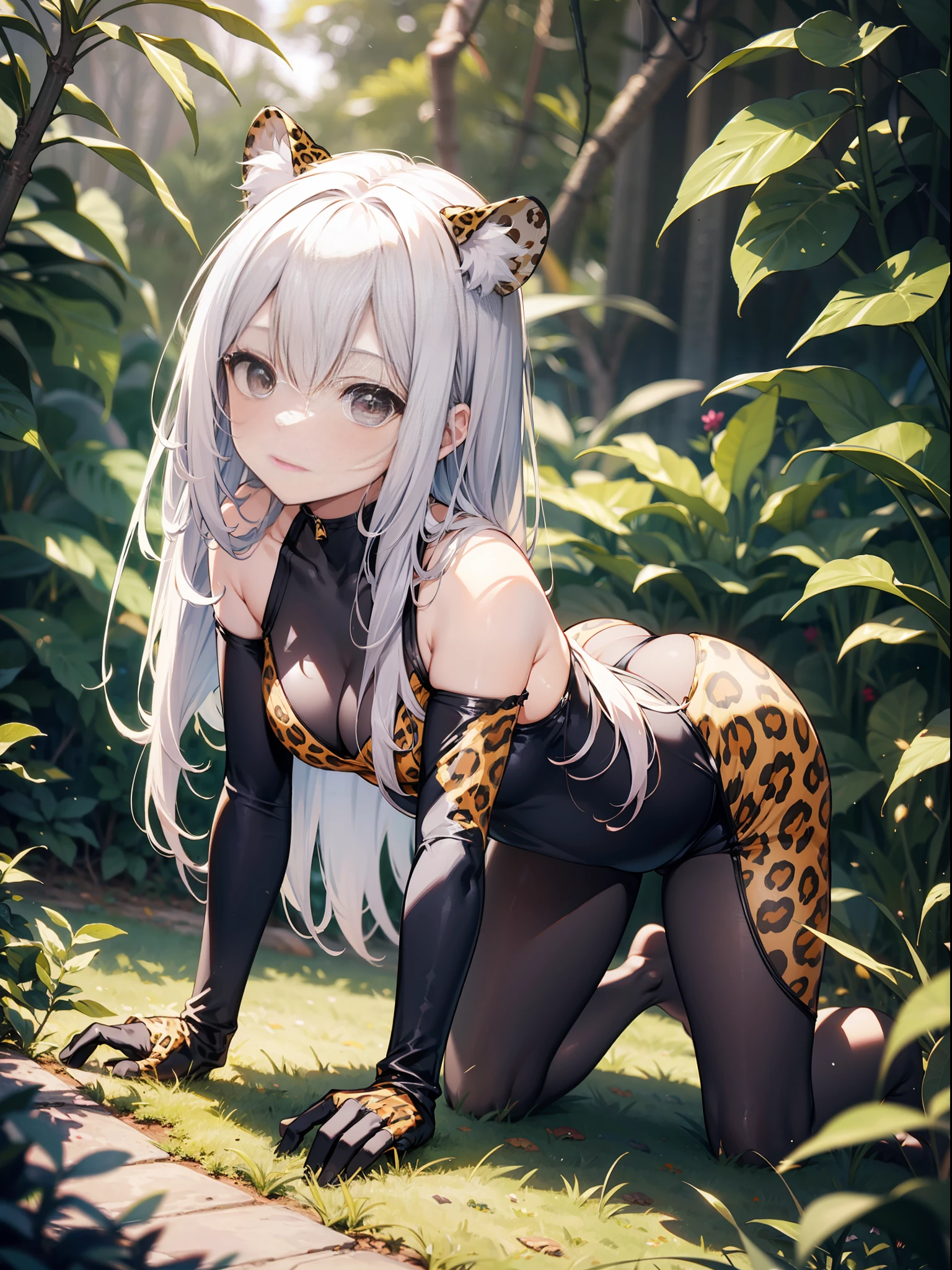 Leopard print swimsuit、Slender Beautiful Girl、One person、high picture quality、best qualiy、Fine detail、Does not blush cheeks、knee high、a-pose、Hanging、gloves、all on fours、Back angle、tail