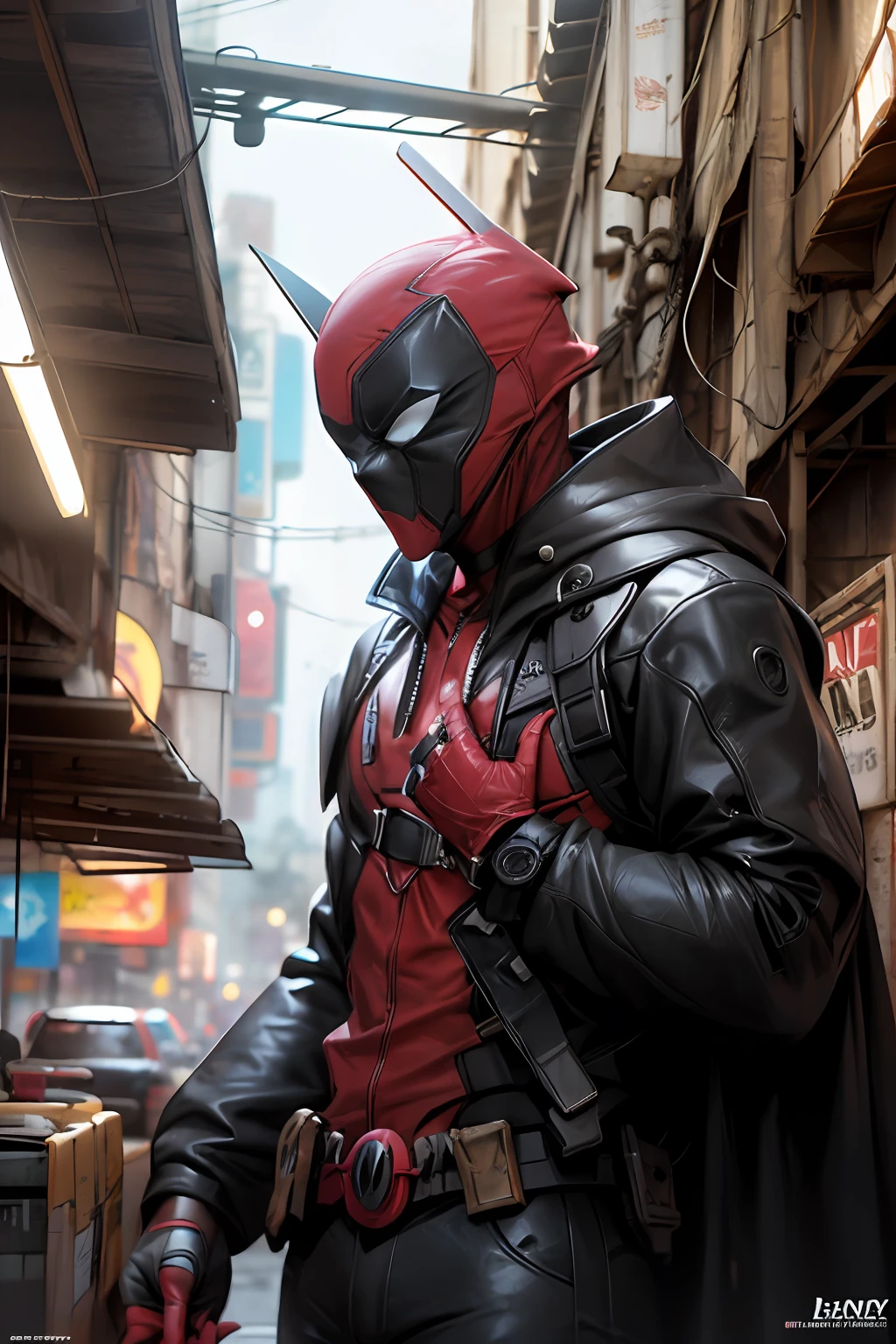 Primer plano de deadpool, triste, traje rojo con negro y mascara, Lloviendo, cyberpunk, neon light, Coches voladores (boceto de tinta de color Jason Edmiston , John Berkey )