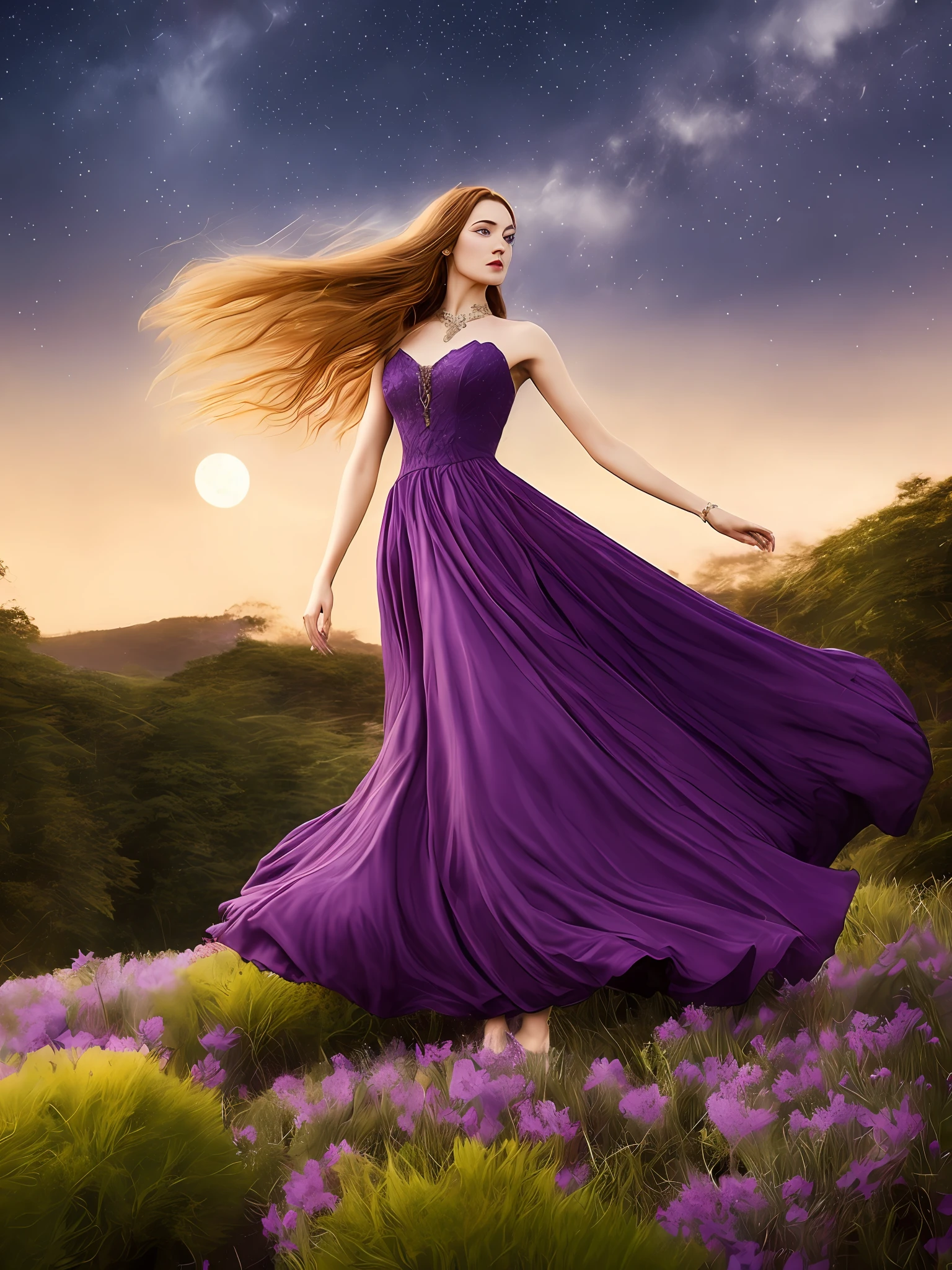 A woman with flowing hair with a long dress moving with the wind moon starry sky garden purple flowers ultra realistic great quality well detailed masterpiece intricate gothic style magic mysterious movie scene depth field 1:4 extremely beautiful and enigmatic golden age