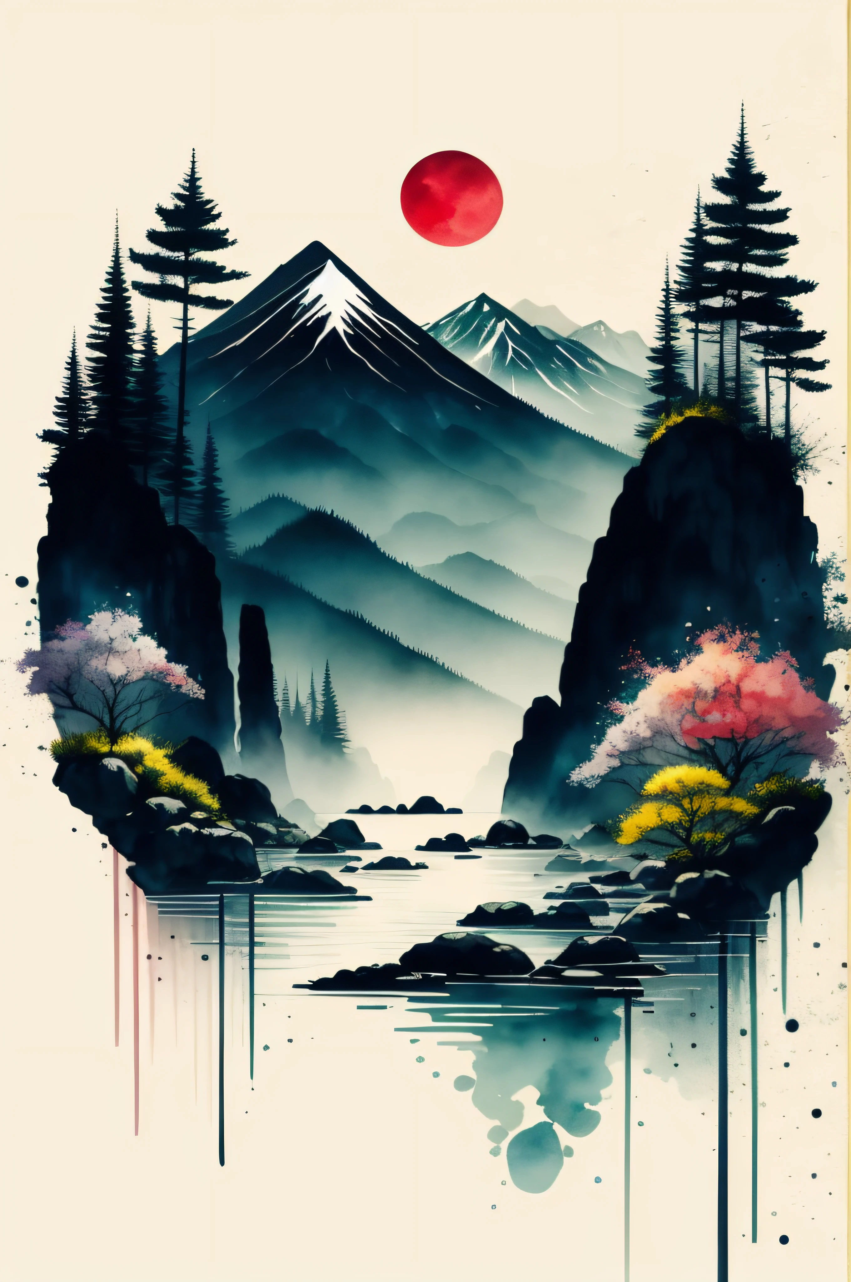 Black background, scenery, water color, mountains, water, night, trees, Red Moon, colourful,