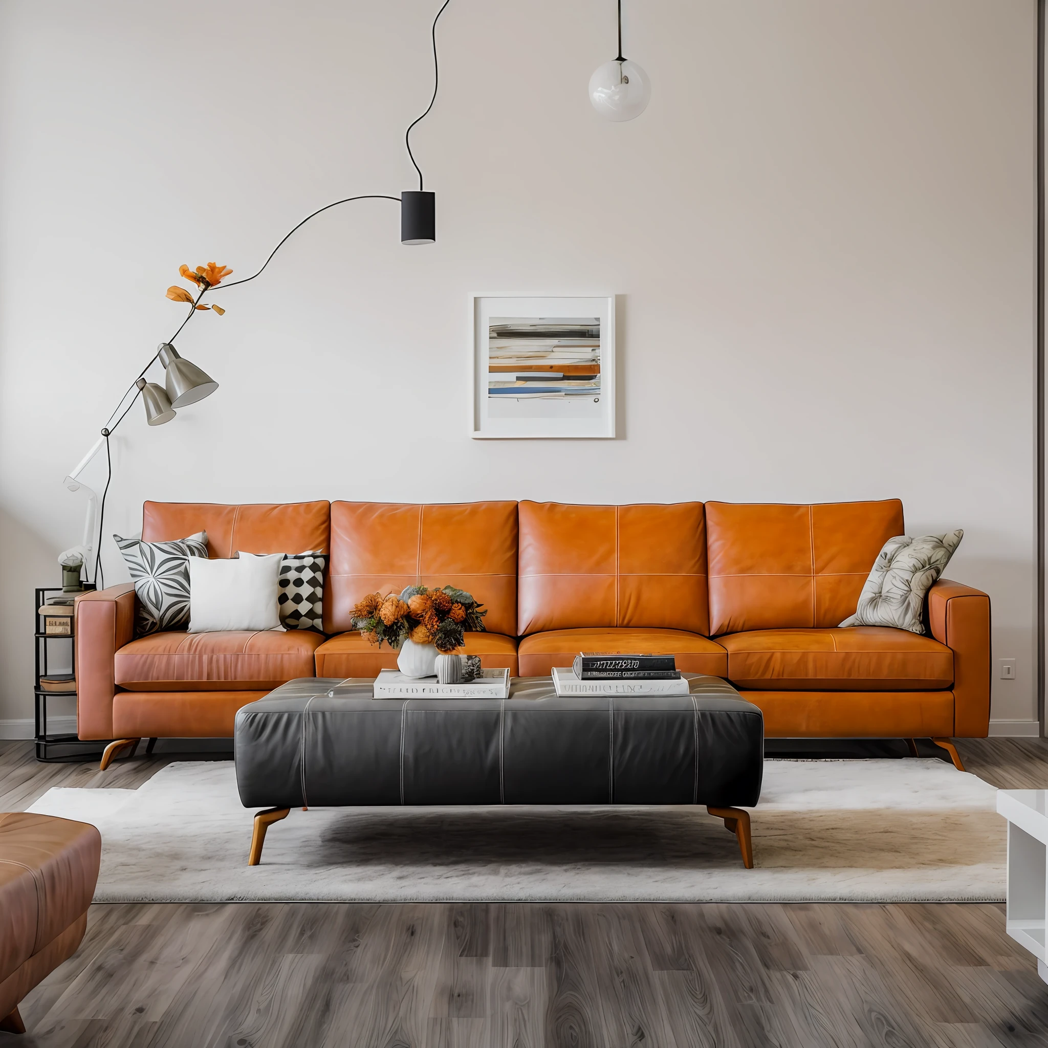 there is a large orange couch and a coffee table in a room, warm colored furniture, leather sofa, leather sofa, leather sofa, placed in a large living room, couches vibrating and melting, relaxing on a modern couch, lounging on expensive sofa, large couch, placed in a living room, elegence, sofa, sofa, designer furniture