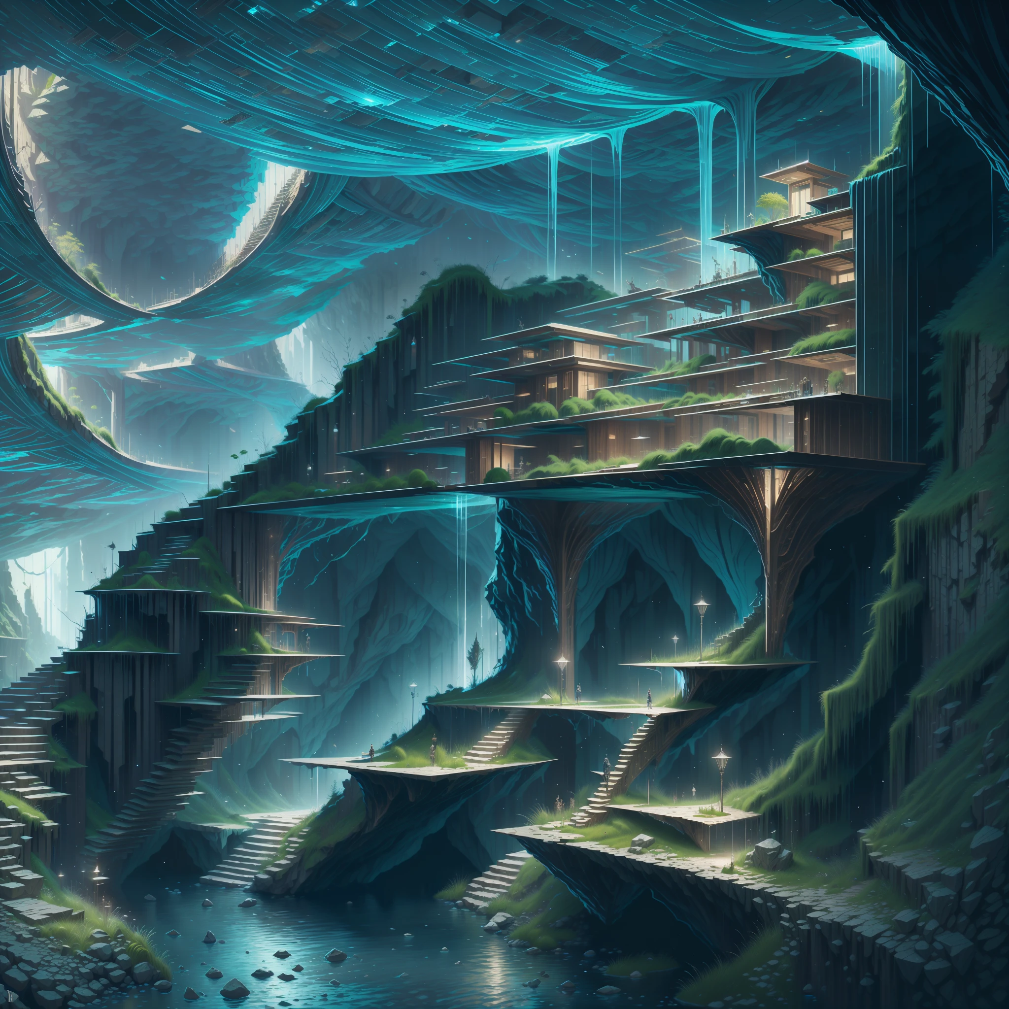 :an awesome sunny cheerful day environment concept art of Futuristic design of cave architecture interiors concept art on grand Canyon caves nature architecture, proportional,detailed, cave architecture nature meets futuristic architecture on a rainforest jungle cliff with huge waterfalls,Crepuscular rays, nature meets modern architecture in the style of Aries Moross, Rem Koolhaas,Daniel Libeskind, Jean Nouvel, Paolo Soleri,Toyo Ito and Philip Johnson with Dry brush drawing style ,Chiaroscuro village,cliff side residential area, mixed development,nature architecture,bright colors,high rise made up staircases, balconies, full of glass facades,carved from rocks, masterpiece, proportional, detailed, trending on artstation, beautiful lighting, realistic, intricate