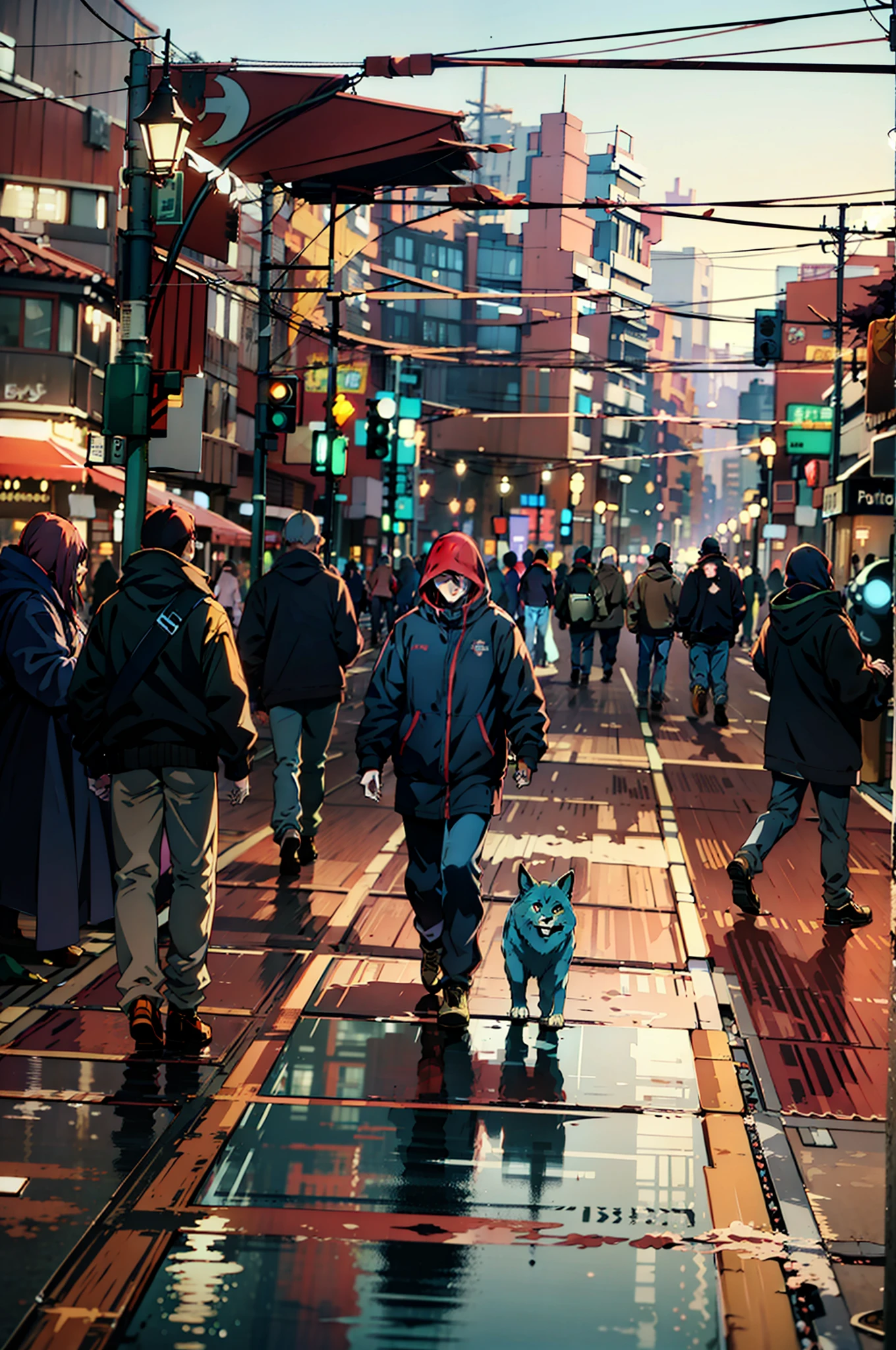 Cyberpunk city from the science fiction film, rua cheia, bem a noite, Chinoiserie Buildings, ponte, loja antiga, irregular, luzes coloridas da cor azul, marinho, laranja e vermelho saindo de iluminarias e postes de luz. Pumpkin heads around town, placas de circuito, fios, intrincado, super detalhado, realista, cachorros pela rua, estrutura europeia (( Portugal)) alta qualidade, melhor, super detalhe, detalhe maluco, muito detalhado, fotorrealista, Epic composition, melhor qualidade, 32k --v 6