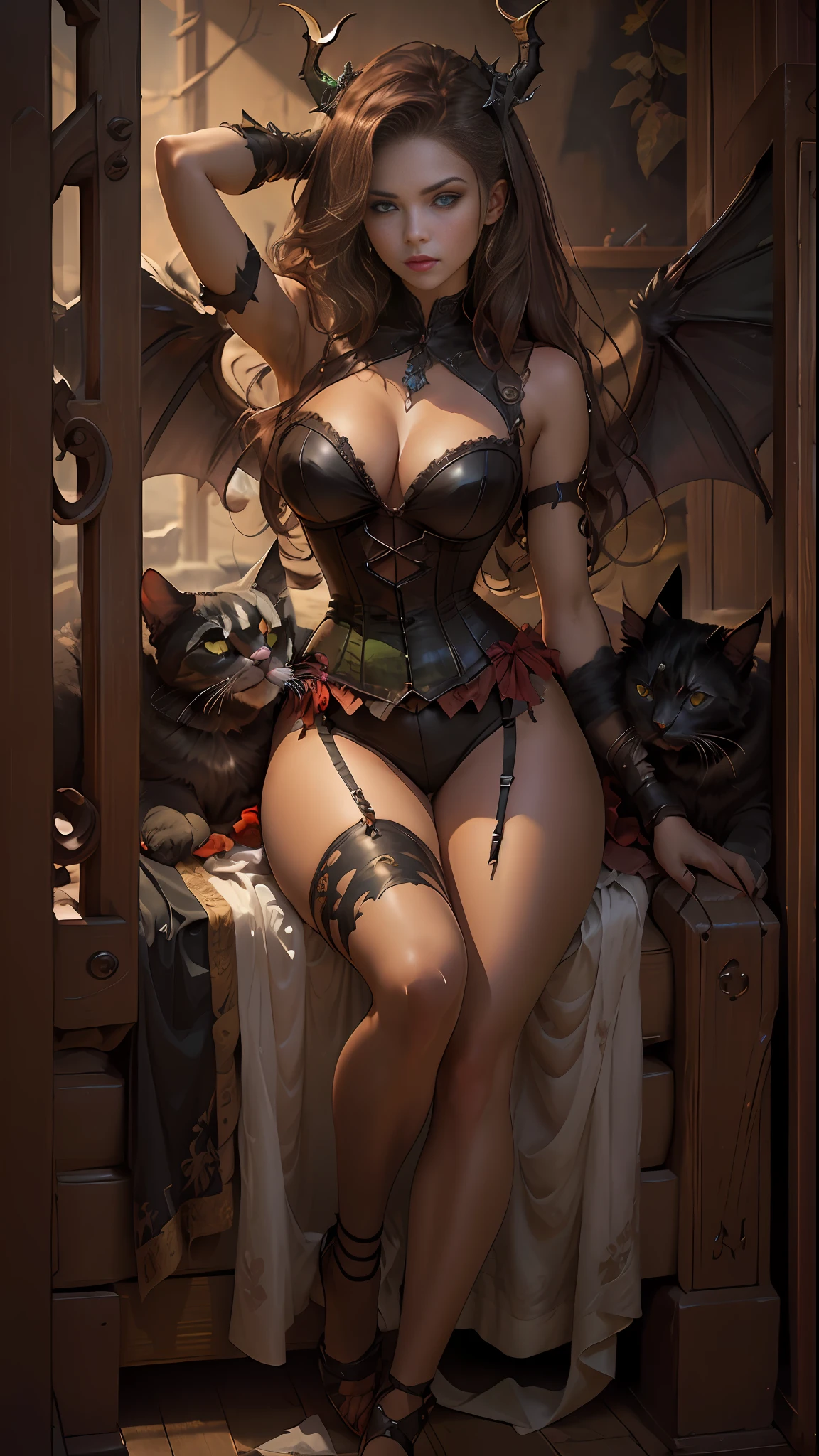 (((Perfect eyes))), ((Perfect limbs))), ((Perfect feature))),Realistic masterpiece of a red demon girl with long brown hair ,  a corset, horns, black wings, cat eyes, and perfect green eyes in a dark environment.