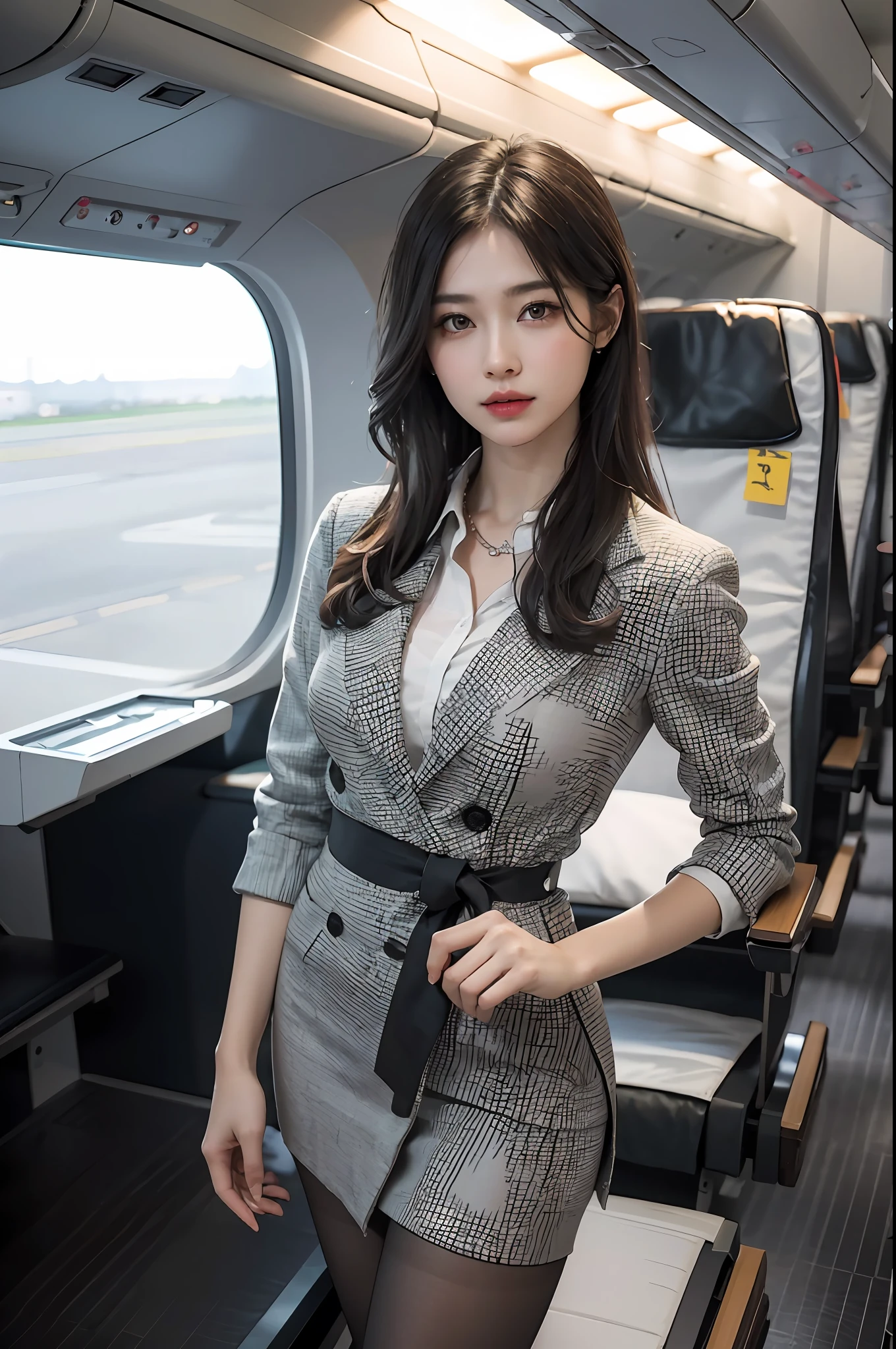 best quality, masterpiece, 8k, ultra high res, (photorealistic:1.4), highly detailed, intricate detail, delicate and beautiful, good lighting, professional lighting, sharp focus, detailed shadows, exquisite details and textures, depth of field, unity 8k wallpaper, cinematic composition, cinematic lighting, official art, Cabin Crew, flight attendant, black pantyhose, (aircraft, (Aircraft Corridor), Aircraft seats) beautiful elegant face, detailed face, detailed eyes, realistic hair, long hair, (1girl), (standing:1.3),