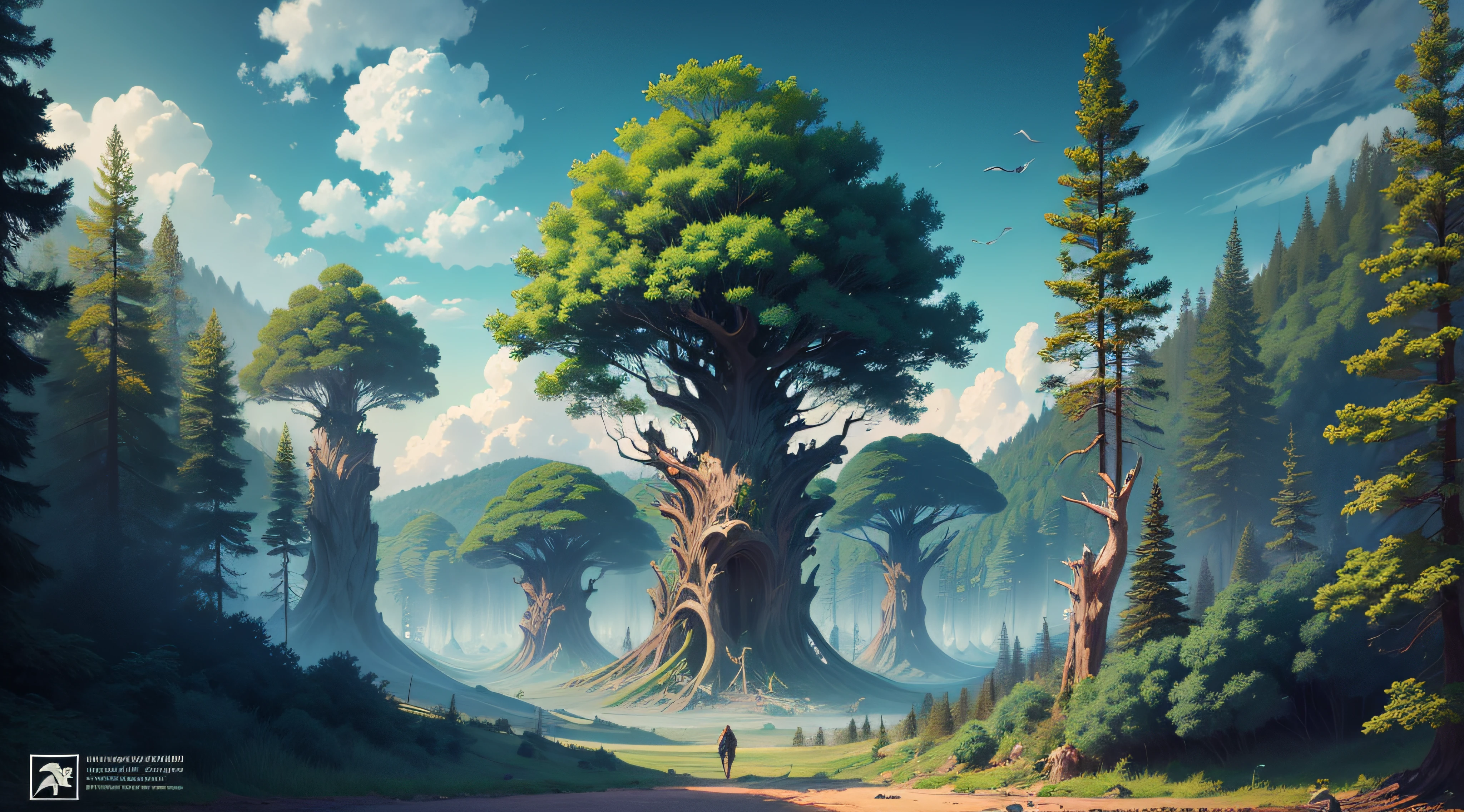 Forest with giant trees, cachoeiras, lindo logo com aves coloridas, sky with clouds, planetas, rochas grandes, with giant alien constructions, realista, fantastical,