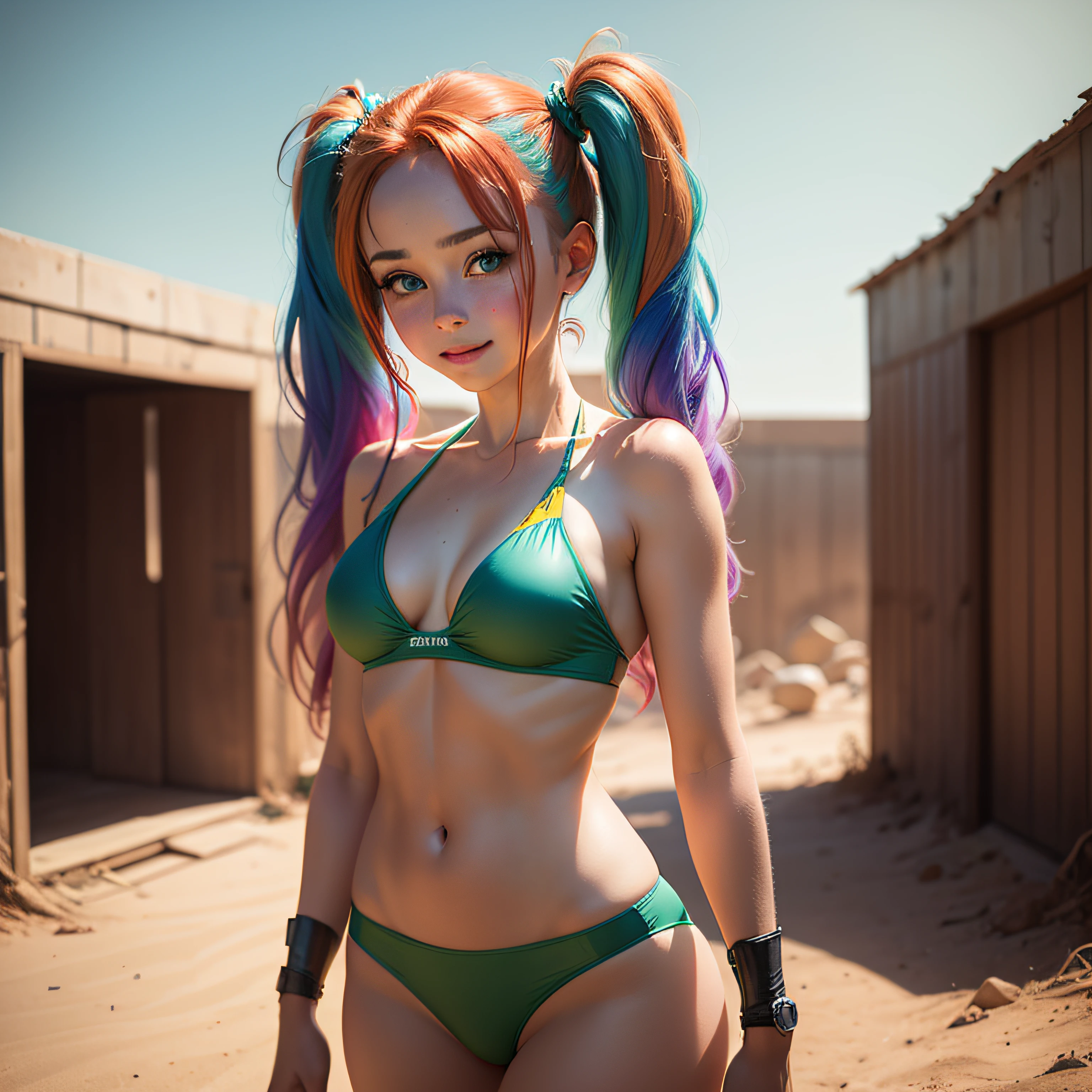 cute redhead woman in twin tails, multiple rainbow colored hair, sky-blue eyes, happy, Ukrainian, petite, pale skin, wearing a green metallic color bikini, post apocalyptic background, bleak barren desert, photo realistic woman. --auto
