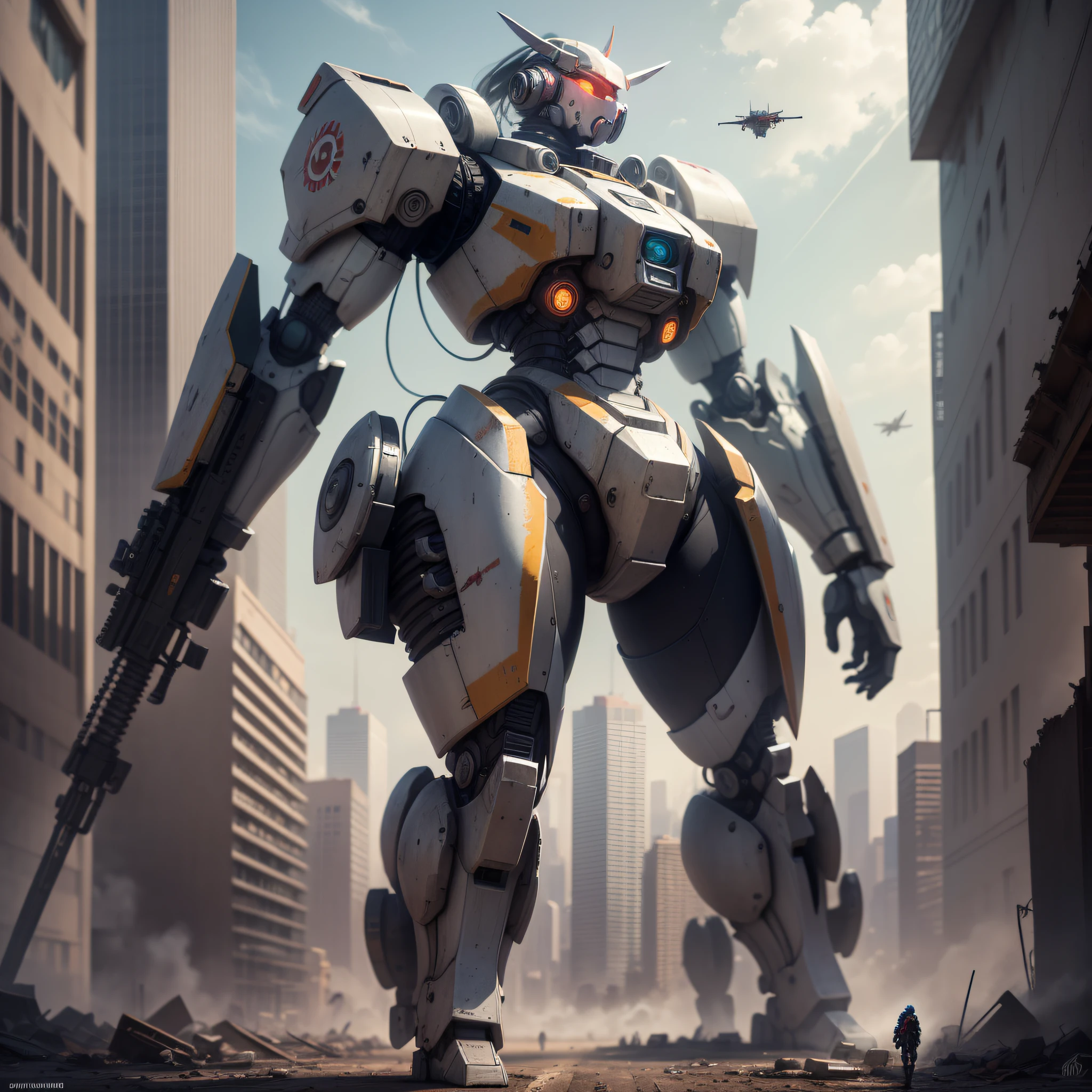 8K RAW，master-piece，best qulity，，Composition of thirds，perfectly proportioned，Microstrip graininess，The cyberpunk，The city after the war，ruins，Huge mech，Steel mech，Mecha warrior，arma（cannon），A girlis，yo，shorter hair，The girl stood in front of the mech and looked so small，The steel mech stood behind，Self-confident，Sassy all the time，skiny，It's all a standing position，Look at the audience