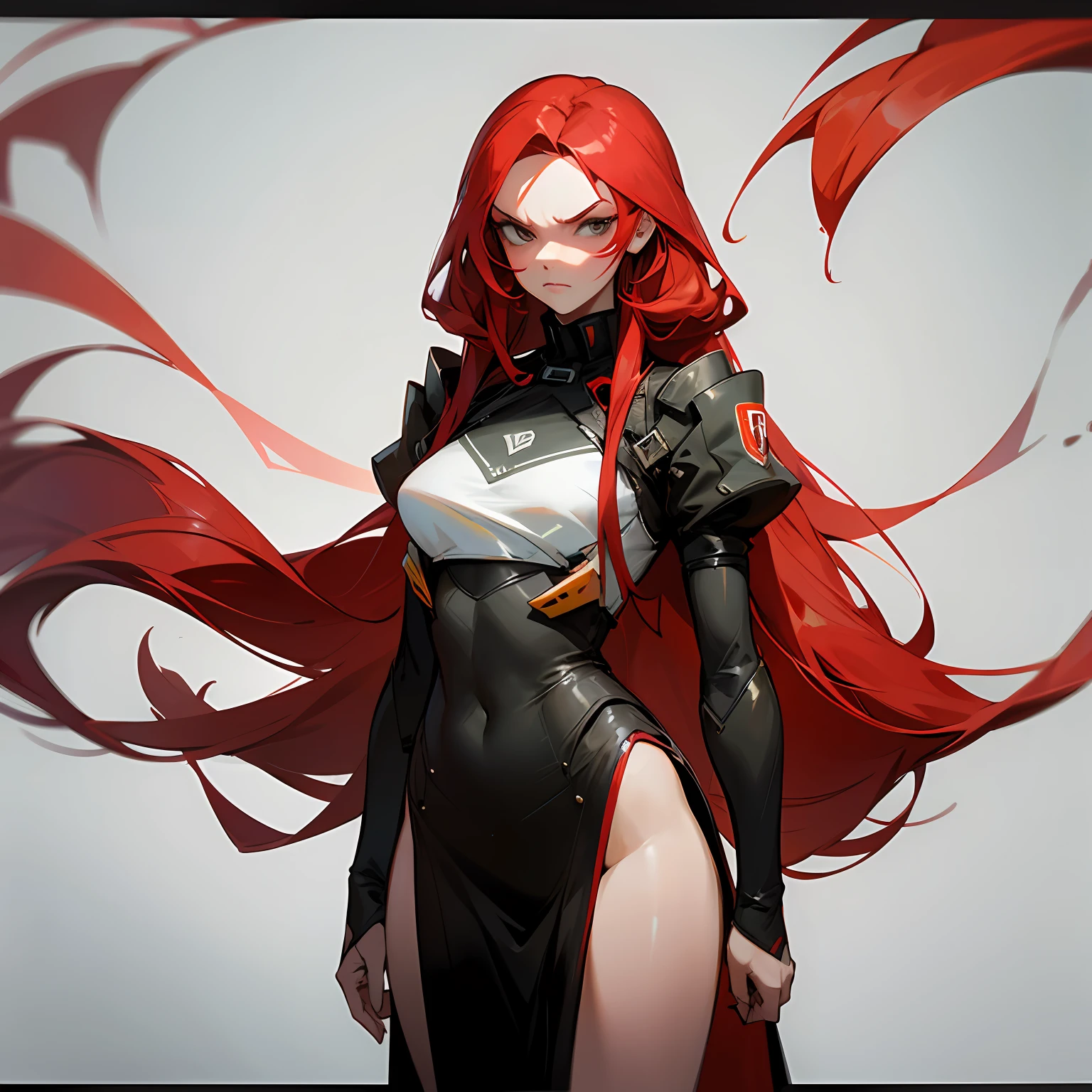 The girl with the long red hair, she's hot, she's angry. Gentle looking, healthy complexion. Standing. --auto